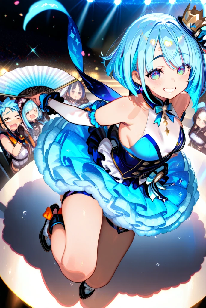 (masterpiece, best quality), best resolution, 16k, (2heads:2.0), close-up, 1girl, solo, HoshimachiSuisei, side ponytail, blue hair ribbon, SuiseiBase, plaid beret, crown, star earrings, blue ascot, plaid top, crop top, plaid miniskirt, layered miniskirt, partially fingerless gloves, star bracelet, uneven legwear, thigh strap, standing, (raise arms, two hands make peace sign, two hands close to head), (smile, close mouth, teeth), dacing, jumping, ((heads look at each other, cheek to cheek)), exciting, concert stage, starfield, spotlight, open belly, midriff, exposed midriff, bare thighs, bare legs, sexy

