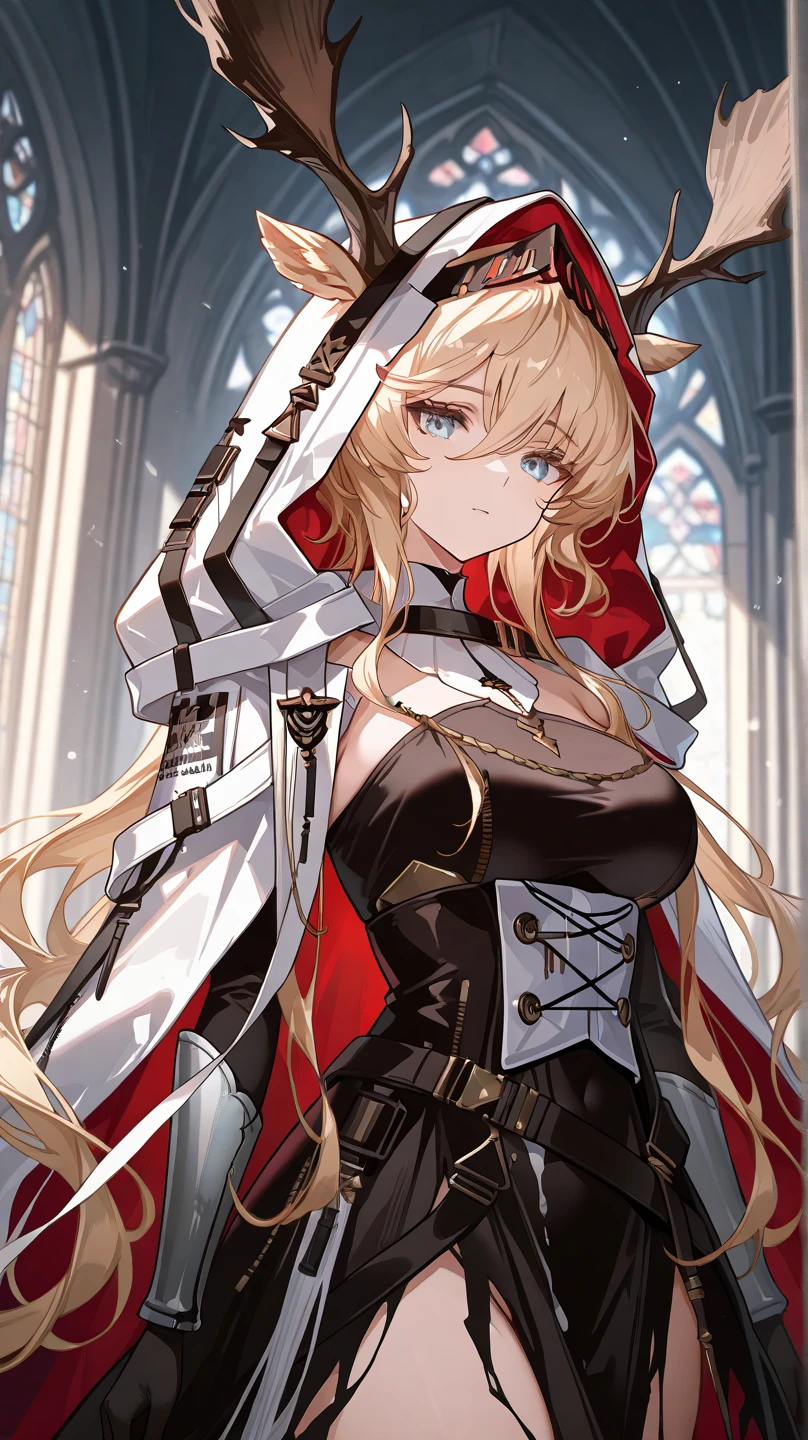 best quality, masterpiece, highres, solo, {viviana_arknights:1.15}, long_hair, animal_ears, blonde_hair, deer_ears, bangs, ears_through_headwear, blue_eyes, breasts, cape, hooded_cape, hair_between_eyes, white_cape, smile, large_breasts, very_long_hair, 1girl, black_dress, dress, gloves, hood, hood_up, looking_at_viewer, candle, holding, black_gloves, closed_mouth, upper_body, underbust, simple_background, gauntlets, partially_fingerless_gloves