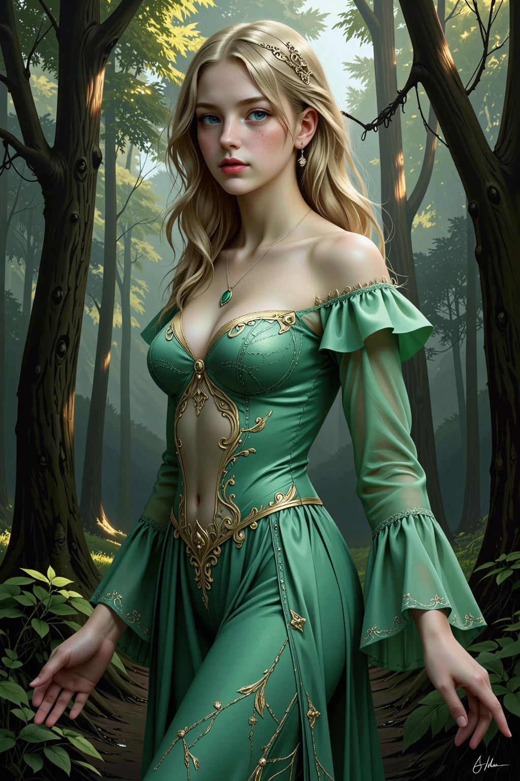 Photorealistic, High resolution, Soft light,1womanl, Solo, Slender muscular macho female body, (Detailed face), Blonde curls, sheer translucent robes, Large chest armor in green and white, Jewelry　Glowing green eyes　Slender and muscular lower body　enticing　超A high resolution　super precision　a smile　real looking skin　Beautiful expression