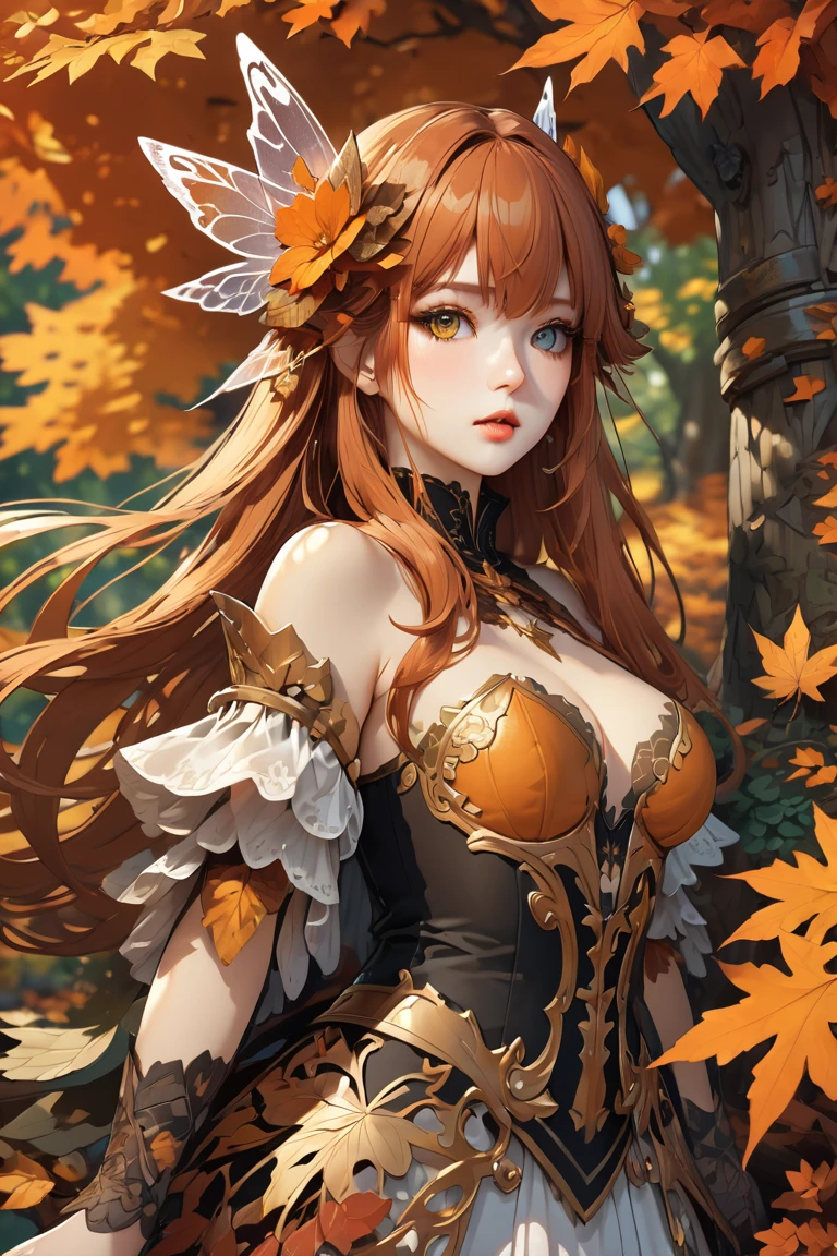 (Looking at the viewer) (1girl) An orange long hair sexy lady of butterflies wearing a black mini dress under a black armor, lots of butterflies flying around, butterfly, butterflies, in the dark