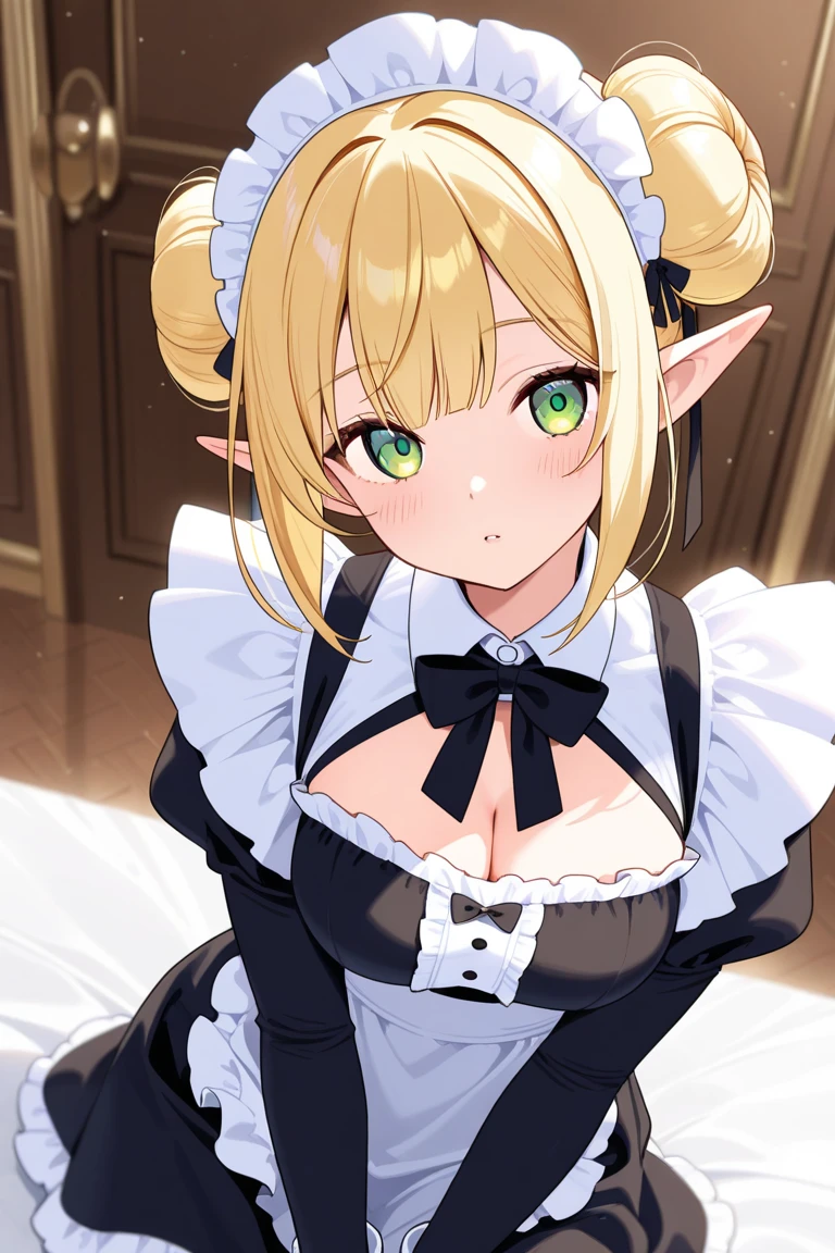 A painting,The painting shows a busty woman in a black dress, Lolita in a skirt, top rated on PIXIV, guweiz, Clean and detailed anime art, , Elf Girl, Gorgeous maid, PIXIV, guweiz on PIXIV artstation, at PIXIV, cleveage, , Anime girl in maid costume