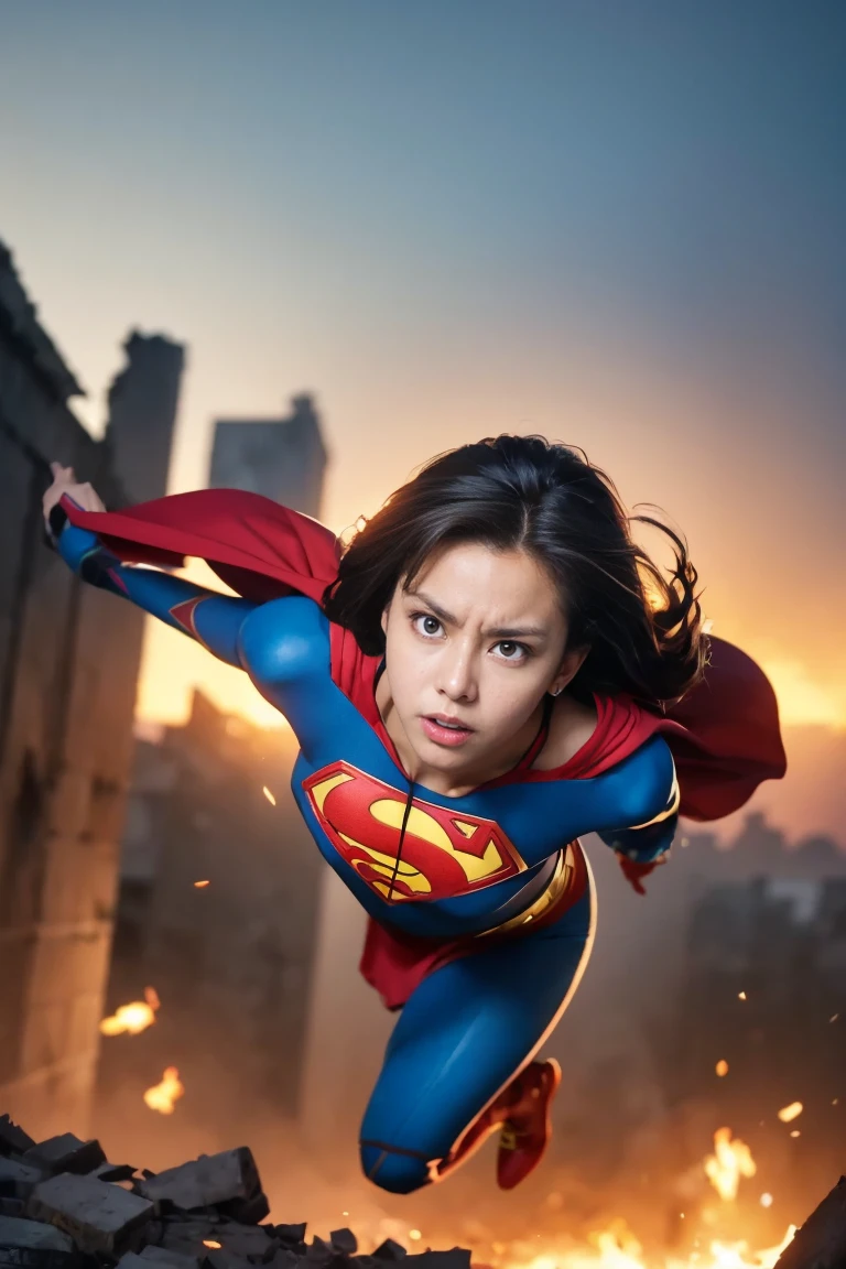 action shots of M1lly4c0k2222 ((wearing a sexier revealing black and silver version of the evil superman suit man of steel)), large breasts, toned body, (explosions in the background a city in ruins), Style-BladeRunner2049-8v Intricate, High Detail, Sharp focus, dramatic, ((photorealistic))
