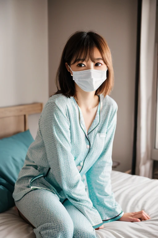 (((best quality))),(((ultra detailed))),(((masterpiece))),illustration,1girl,solo,slim,fragile,beauty,light blue hospital gown,sitting on the surgical bed,hospital operating room,contraceptive coil removal,anxiety,anticipation,long flowing hair,almond-shaped eyes,fair complexion,soft color,slender figure,tidy bow,sterile equipment,metal bed frames,healthcare professional,scrubs,surgical mask,spread legs apart,night scene