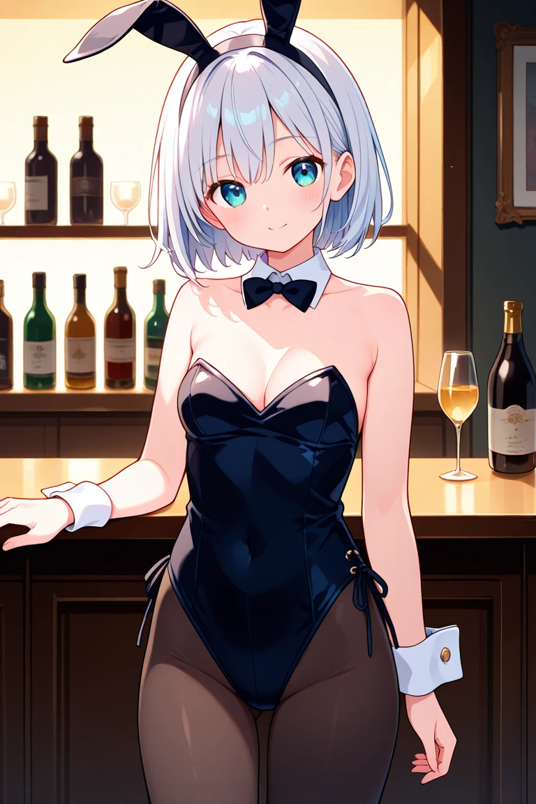 (masterpiece, best quality:1.2), solo, 1girl, jeannernd, evil grin, looking at viewer, holding tray, short hair, ahoge, v-shaped eyebrows, fake animal ears, playboy bunny, leotard, pantyhose <lora:fate_jeannedearcalter_berserker-17:1>