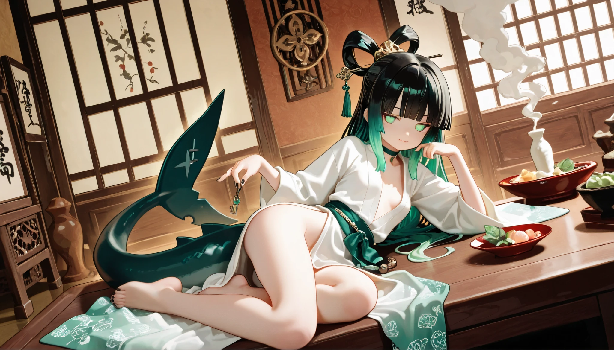 1girl, mint green eyes, jitome, Black Hair, green gradient hair, blunt bangs, black shark tail, small Breast, choker, bare legs, black nails, masterpiece, best quality, Perfect details, perfect composition, Perfect face, Perfect hand, absurdres, newest, very aesthetic, amazing quality, highres, film grain, Cinematic, Magnificent, doremi, hwansang, mx2j, Oriental clothe, side slit long skirt, hairpin, jade decoration, jk, key ring, blue flame, thick outline, flower pattern, kiseru, smoke, white theme, izakaya, soft smile, taoist, glow eyes, Dragon Palace, Ryugujo, Confident, transcendence,