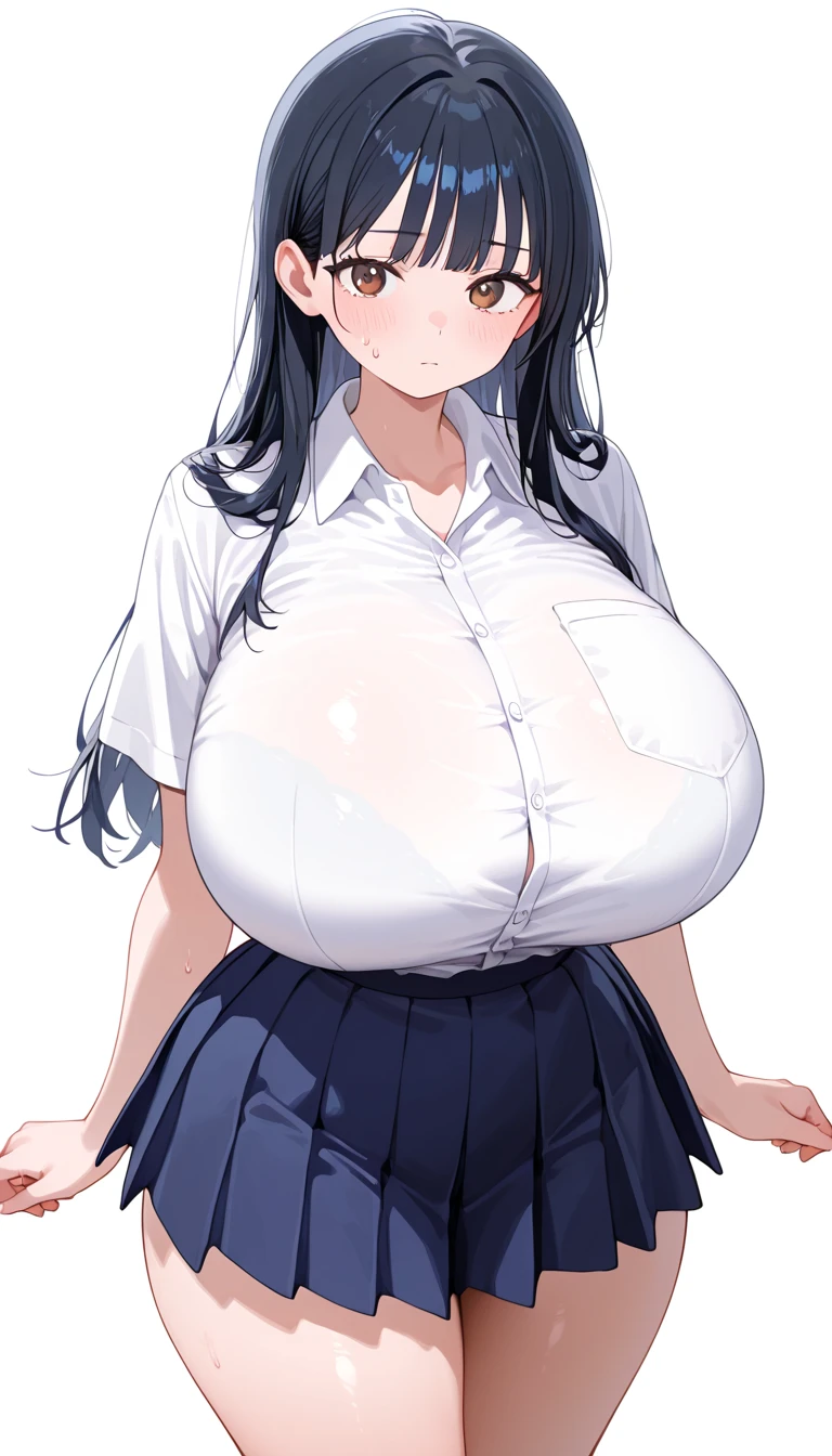 One woman、17 year old female、Huge breasts:1.1、sagging breast:1.1、high school girl、uniform、Black Hair、long hair、clear、Iris、Hold your bag in front of your body with both hands、classroom、Black Skirt