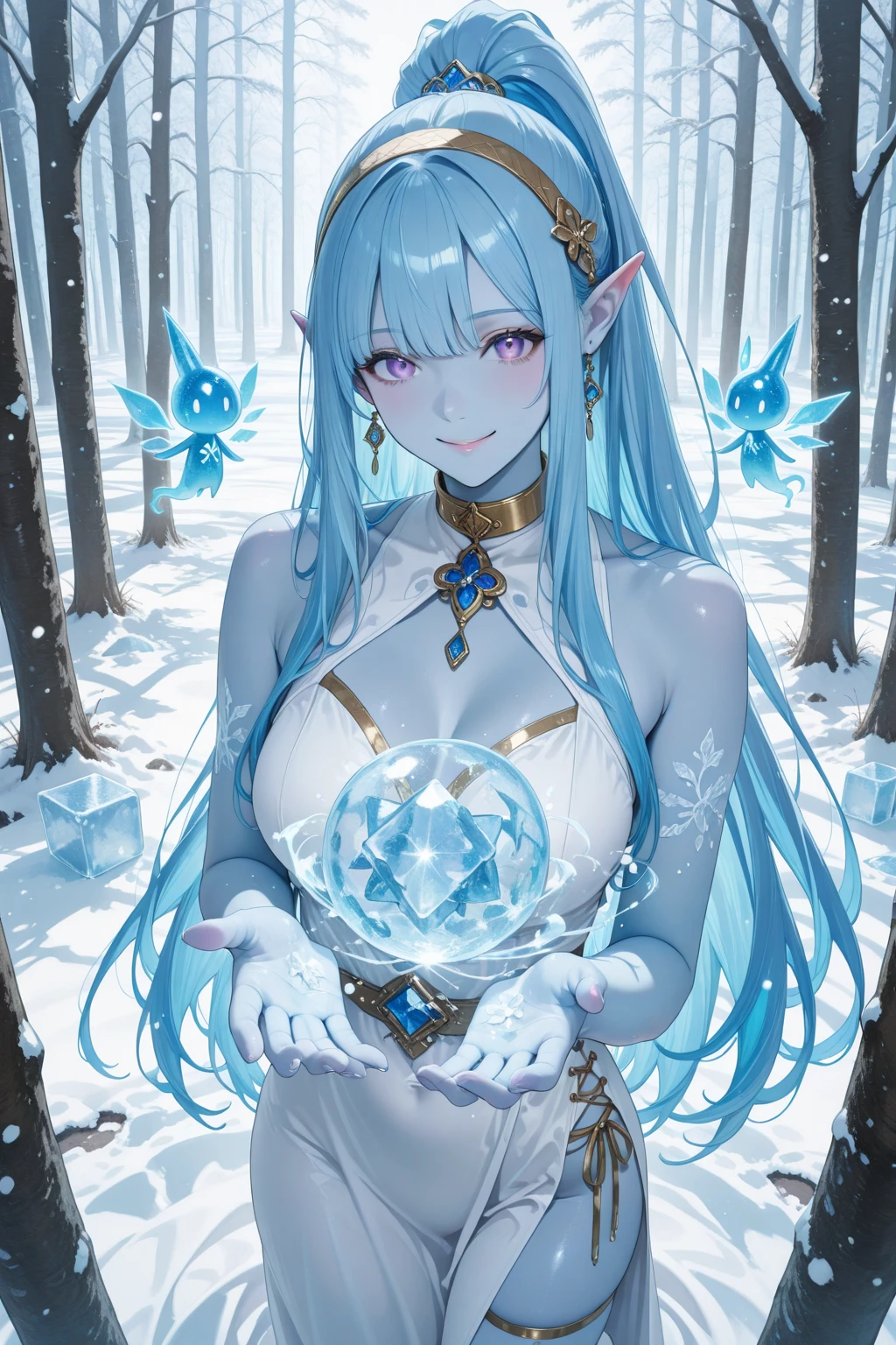 A ice elf (lovely woman, pale blue skin, deep blue hair and eyes, sheer reflective evening dress) acting alluring in a winter wonder land
