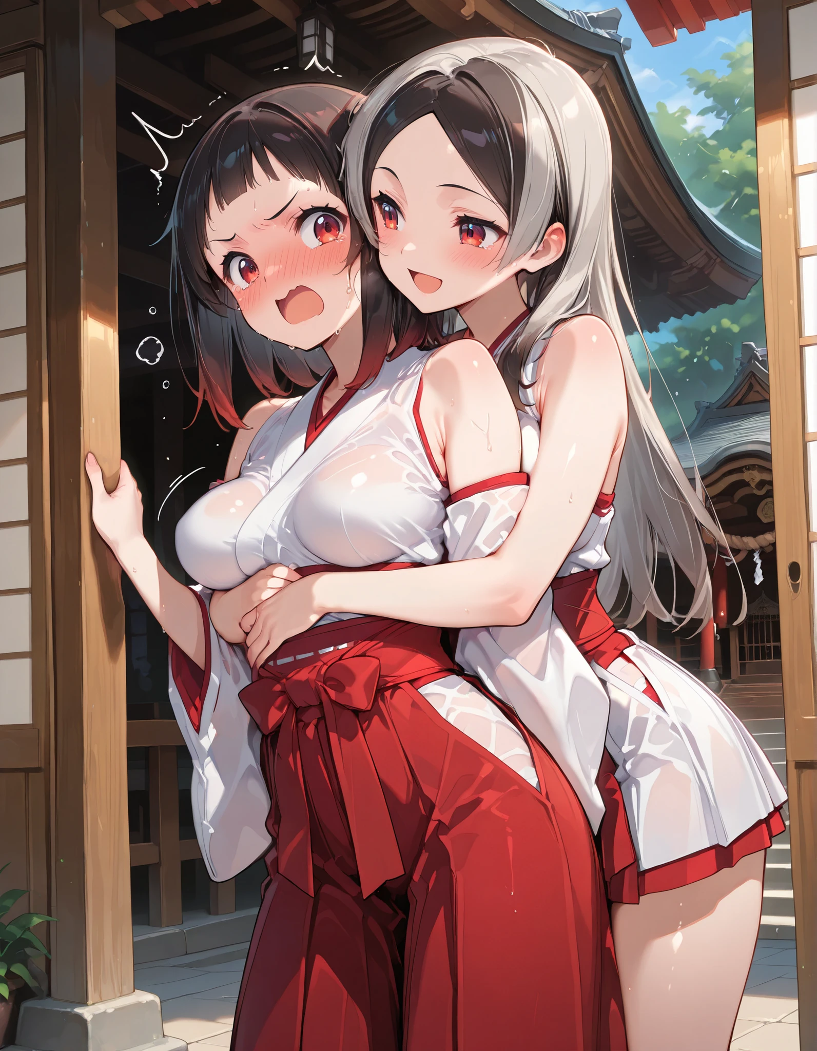 masterpiece、top quality、great quality、Newest、masterpiece,Transcendental Technique Illustration,2 girls,Shrine maiden,double piece、standing,medium hair,long hair,No bangs、teary eyes、Bang,RED EYES,embarrassed,feel、humiliation,medium breasts,hugged from behind,grabs the chest、braless、(Soft Breasts)、Sweaty、dark haired、Open Mouth,Shrine maiden,Hakama_miniskirt,shiny肌,(shiny_skin:1.0),(glossy skin:1.0),