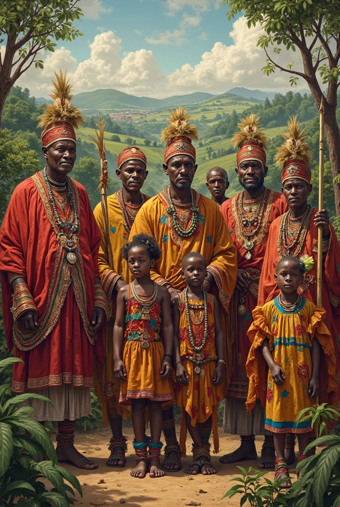 Oxum and Yemanjá in traditional costumes, with Oxum associated with gold and Yemanjá with blue or white, both with typical attributes. obaluaê, represented as the king of straws, with a costume made of straw or a stick. Oxossi with his hunter&#39;s outfit and bow and arrow.
A black girl of about , with afro hair, Wearing a pink dressing gown, positioned next to the orixás.