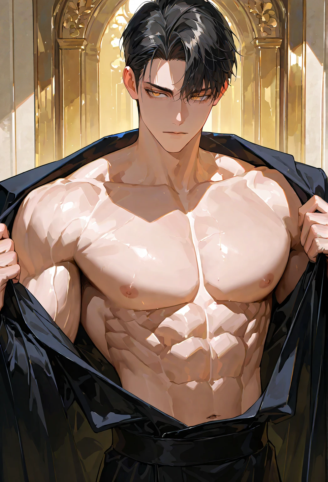 gay male model photos, sport, age 22, tilt, beefy,  short detailed hair,  Focus sharp, Digital SLR, Super quality,8k ultra high definition, high detal, ultra real photo,  , ((Realistic skin), ((pores)), ((high detal皮肤)), volumettic light, groin, (absurderes, A high resolution, Ultra detailed, hdr), Men&#39;s upper body，Masterpiece, Best quality, Detailed face，Handsome, short detailed hair, finely eye and detailed face, Light smile, full bodyesbian, White and gray hair color,Topless, （anatomy correct），Have the perfect figure，Huge bulge，Abs，chest muscle， [ A well-defined body ]，Take a dip in the bathtub，