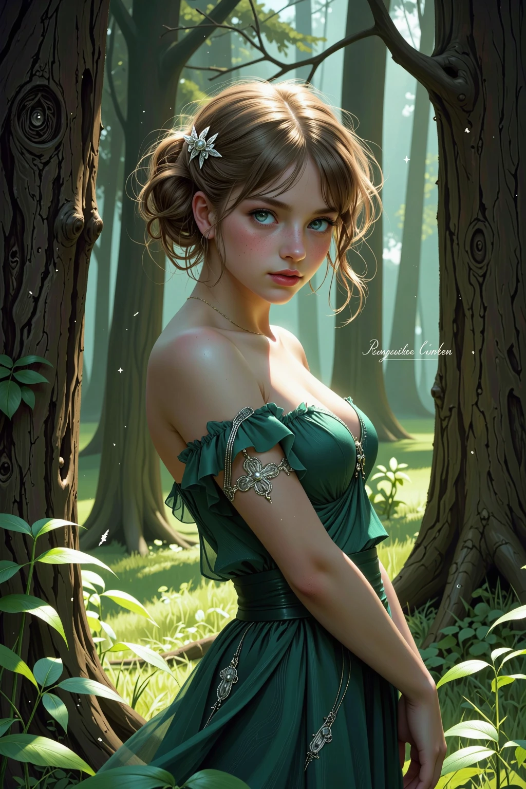 a beautiful woman with long brown hair, green eyes, cute lips, detailed face, slender figure, wearing a pink dress, standing in a lush green garden, sunlight streaming through the foliage, magical, serene atmosphere, (best quality,4k,8k,highres,masterpiece:1.2),ultra-detailed,(realistic,photorealistic,photo-realistic:1.37),intricate background details, vibrant colors, soft lighting, fantasy art style