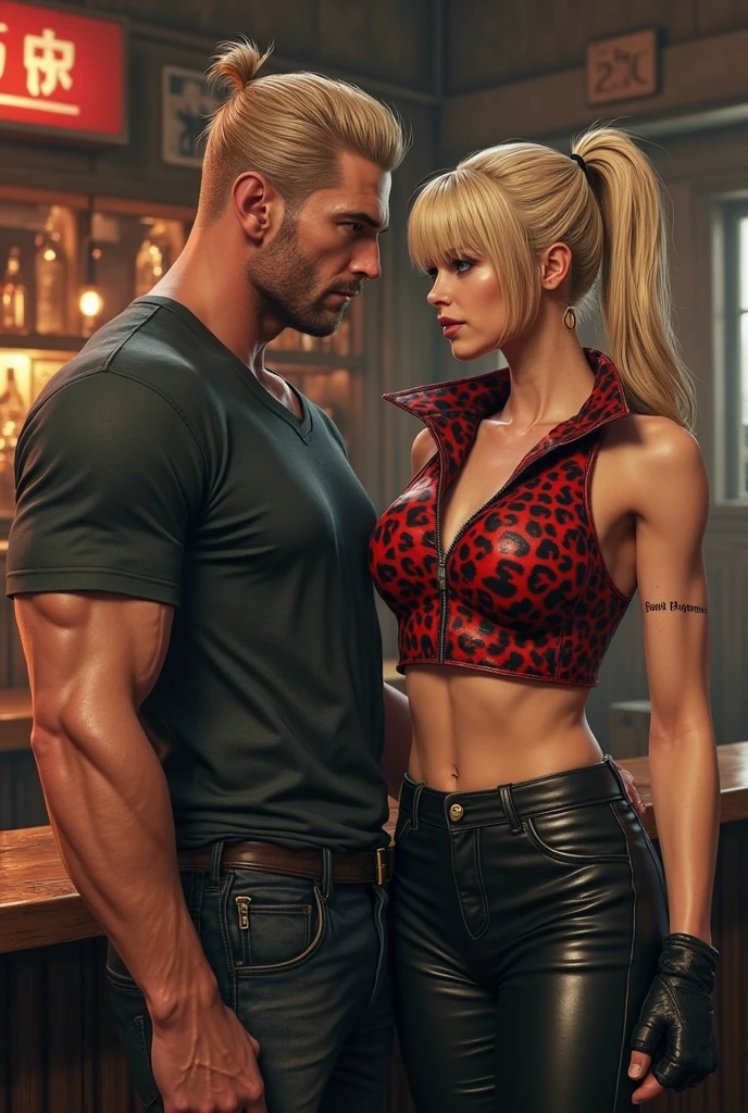 A muscular and sensual young wild and rebellious afro black werewolf, with bright red eyes, all bald and with a goatee wearing a leather biker jacket, stopped, through a small town in the interior of the country at night with a young beautiful blonde woman in sensual uniform standing next to him very well armed with a mischievous smile being tightly hugged from behind by him with the motorcycle in the background