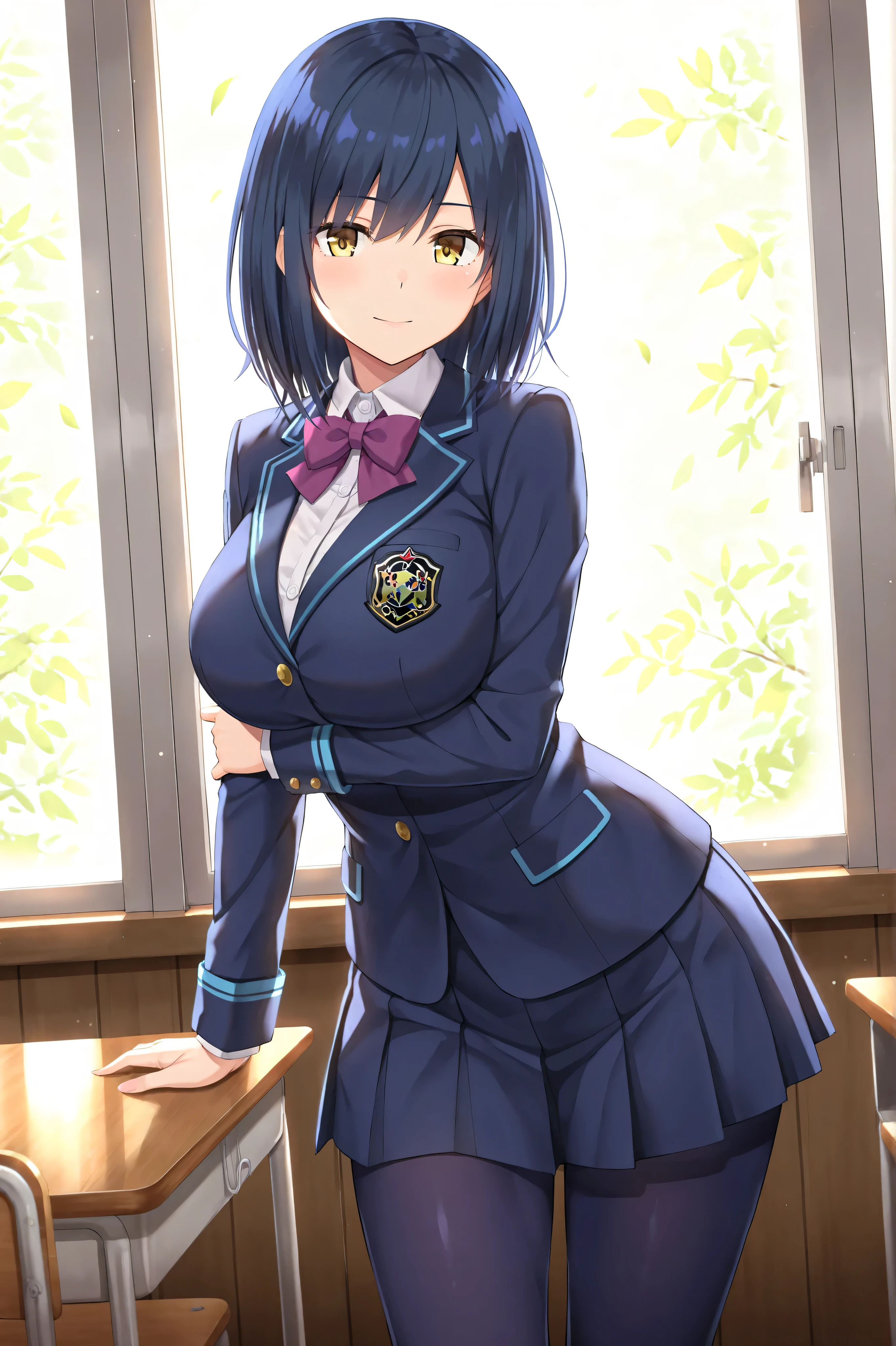 solo,masterpiece,best quality, amazing quality, highres, absurdres, very aesthetic, high resolution, ultra detailed, perfect details,nijirin,large breasts,yellow eyes,blue hair,black hair,moles,medium hair,nijirincos,white shirt,collared shirt,purple bowtie,blazer jacket,blue jacket,cblue skirt,miniskirt,pleated skirt,dark blue pantyhose,(masterpiece, detailed:1.2)、look at viewer,mature female