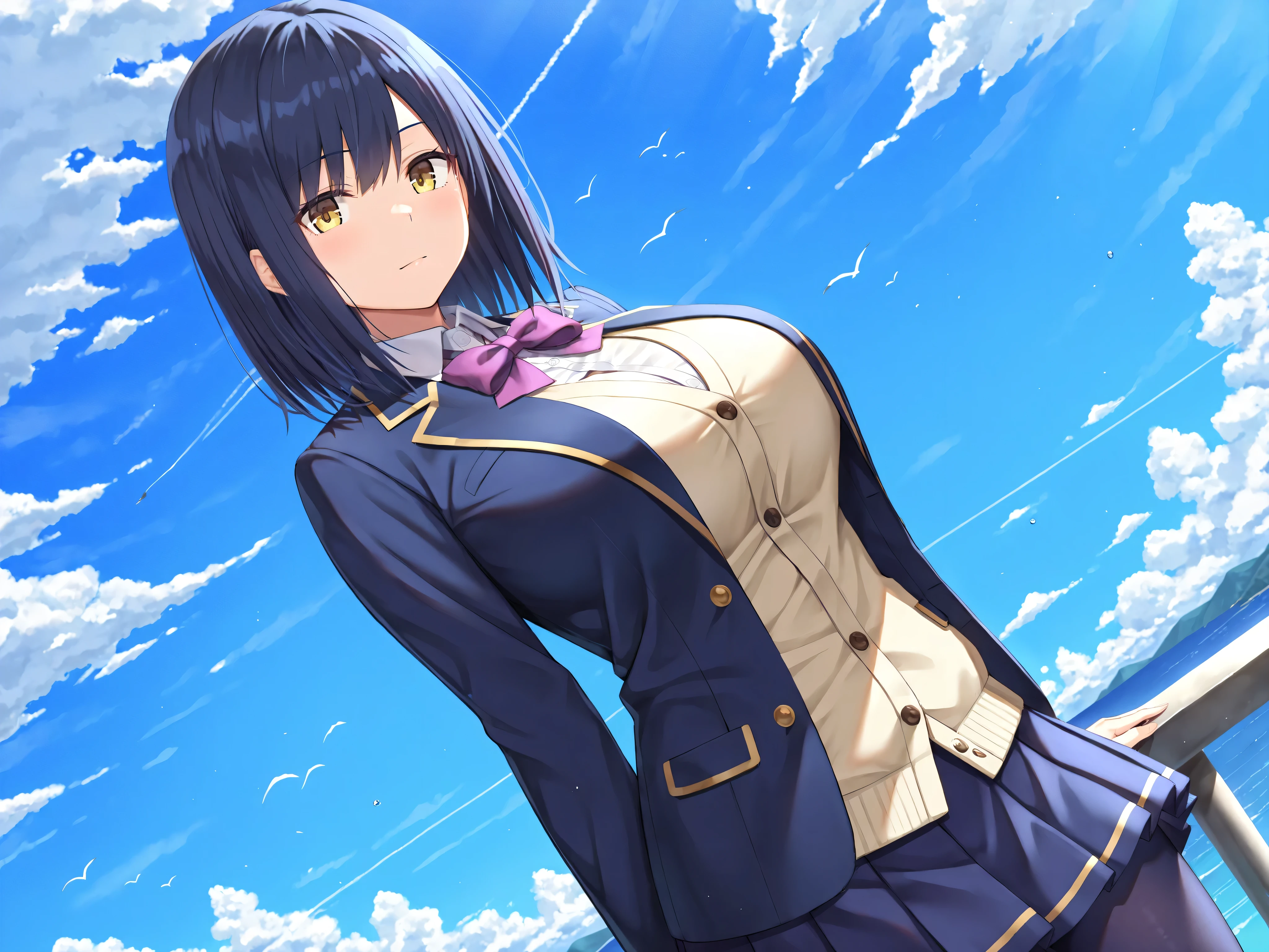 solo,masterpiece,best quality, amazing quality, highres, absurdres, very aesthetic, high resolution, ultra detailed, perfect details,nijirin,large breasts,yellow eyes,blue hair,black hair,moles,medium hair,nijirincos,white shirt,collared shirt,purple bowtie,blazer jacket,blue jacket,cblue skirt,miniskirt,pleated skirt,dark blue pantyhose,(masterpiece, detailed:1.2)、look at viewer,mature female