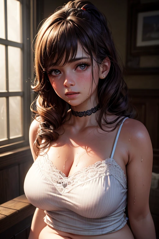 a beautiful young girl Emma Watson in sexy pinafore, large breasts, detailed face, intricate lace patterns, warm lighting, photorealistic, dramatic lighting, chiaroscuro, cinematic composition, high quality, 8k, masterpiece