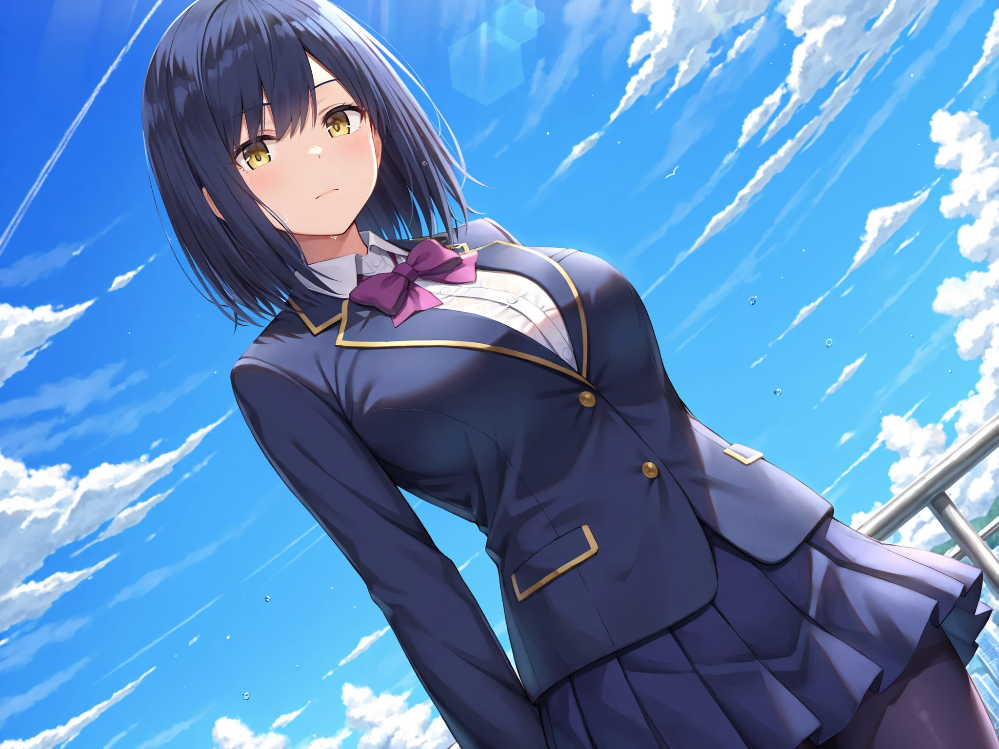 solo,masterpiece,best quality, amazing quality, highres, absurdres, very aesthetic, high resolution, ultra detailed, perfect details,nijirin,large breasts,yellow eyes,blue hair,black hair,moles,medium hair,nijirincos,white shirt,collared shirt,purple bowtie,blazer jacket,blue jacket,closed jacket,blue skirt,miniskirt,pleated skirt,dark blue pantyhose,(masterpiece, detailed:1.2)、look at viewer,mature female