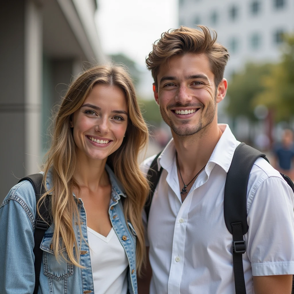 Two young people aged 25 wearing white t-shirts in a city having fun. Young people looking at the camera smiling. photo by full body