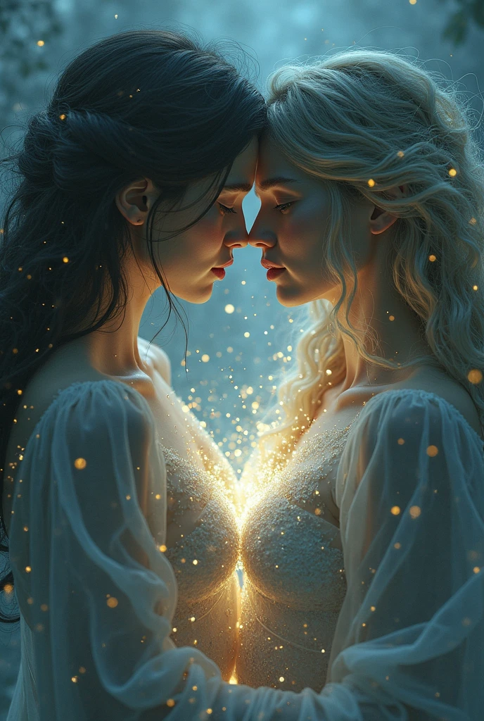 (((((Sensuality and Mystery: (two beautiful brunette and blonde women sweating, blue eyes and big breasts, full body, transparent clothes, view from the back, with a round ass, naked, They kiss passionately, kiss from tongue to tongue, they are lying on a big round bed, )(red silk bed slack)), ((blue neon nightclub lighting)), Nixeu and Sakimichan, Serafim Ahri KDA, lesbian kiss, inspired by Tim and Greg Hildebrandt, Nick Silva and Ilya Kuvshinov, inspired in Vincent Lefevre, Sakimichan and Frank Franzzeta, sensual 8K lighting), Post apocalyptic,), H. R. Giger style, Gothic Darkness, Infrared Unseen), High Contrast, Mystical), (depth), Hyperornate Details), Kinetic Lines and Curves, Devilcore, (1940s Propaganda Poster), Comic Book Superhero, (Medium shot), Scenery), Trending on artstation, Electromagnetic