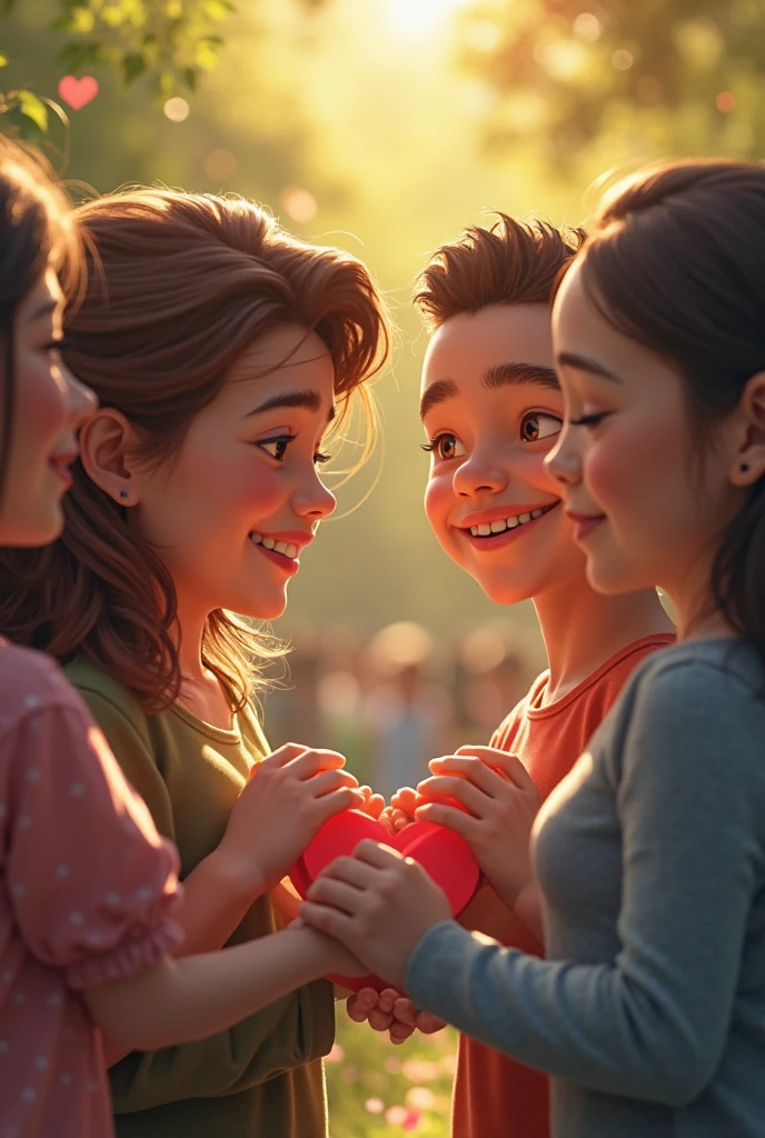 Create an image of a story where you can see a girl with a heart mask talking to some children in an urban field and hugging each other.