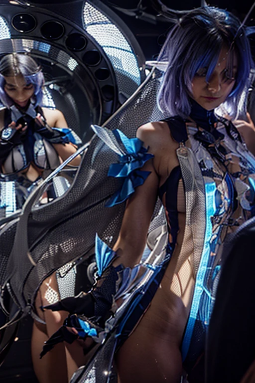Character sheet, Full body, three side view, (RAW image quality:1.4), (NSfW), ((1 female:1.4)), alone, 16 years old, 7 head and body, (cute face), (Beautiful eyes that shine blue:1.4), (ideal body proportions), (platinum metal machinery), length , chest fantasy, cleavage, big breasts, (Underboo Boo:1.4), magic effect, ((tiny armor:1.4)), (((raw skin exposed:1.4))), (Costumes that dig into the crotch), (pubic hair), (has a large sword:1.4), , strong wind, The clothes are transparent, Wet, short hair, black hair, , Slender, small ass, beautiful feet, thin legs, surrealism, cinematic lighting, Depth of the bounds written, one person&#39;s perspective, f/1.8, 135mm, nffsw, battle pose, table top, Accurate, ((anatomically correct)), rough skin, Super detailed, advanced details, high quality, award-winning, high quality, High resolution, 8k, character sheet, Full body, full of details, multiple poses and expressions, highly detailed, depth, three side view,