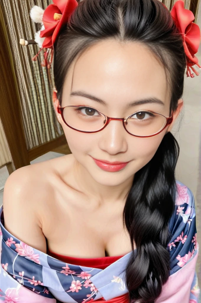 Arakfi sitting on red sofa wearing glasses and a blue dress, Yoshitomo Nara, belle delphine, Anime girl cosplay, With glasses, Middle metaverse, Japanese goddess, Ayaka cosplay, Realistic young gravure idol, inspired by Leng Mei, Chiba Yuda