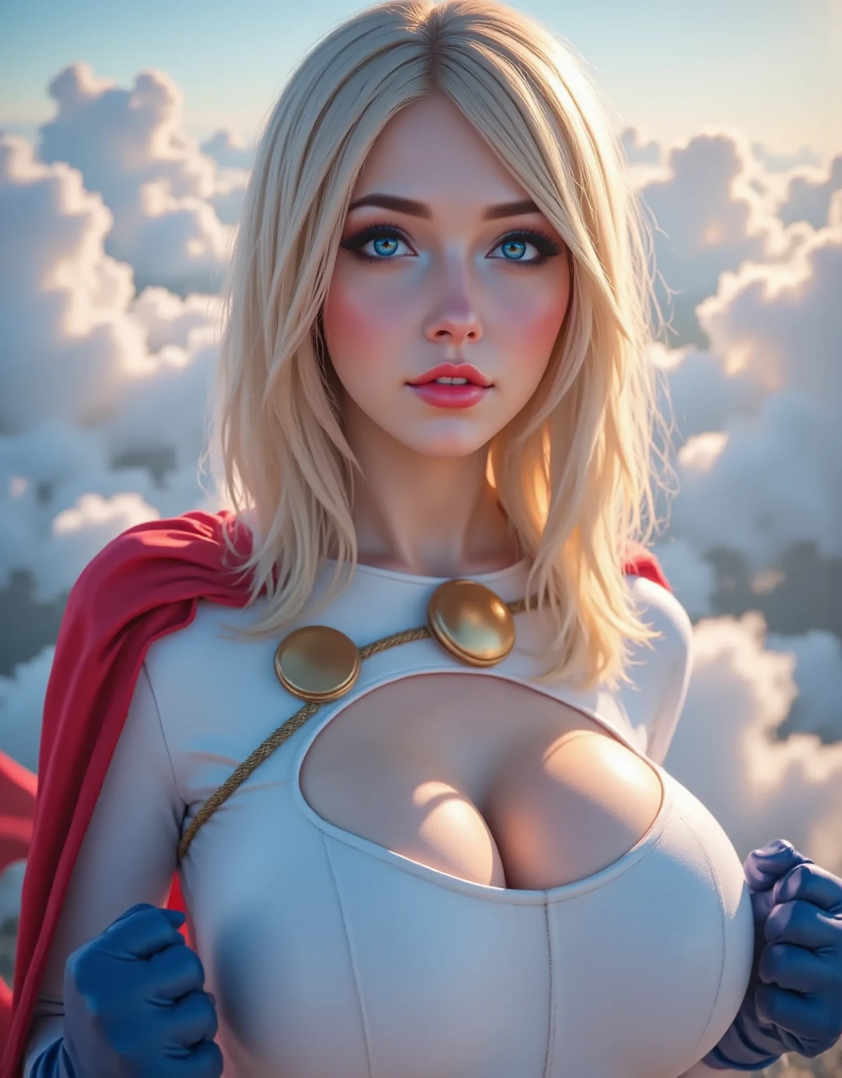 (melhor qualidade)), ((obra-prima)), ((realista)), (detalhado), Ino Yamanaka, rosto detalhado,supergirl Linda mulher (30 anos de idade, cabelos longos caindo nos olhos e loira, olhos azuis) corpo definido, white bandages around the abdomen, capa vermelha, detalhado , Supergirl,((( huge breasts)))