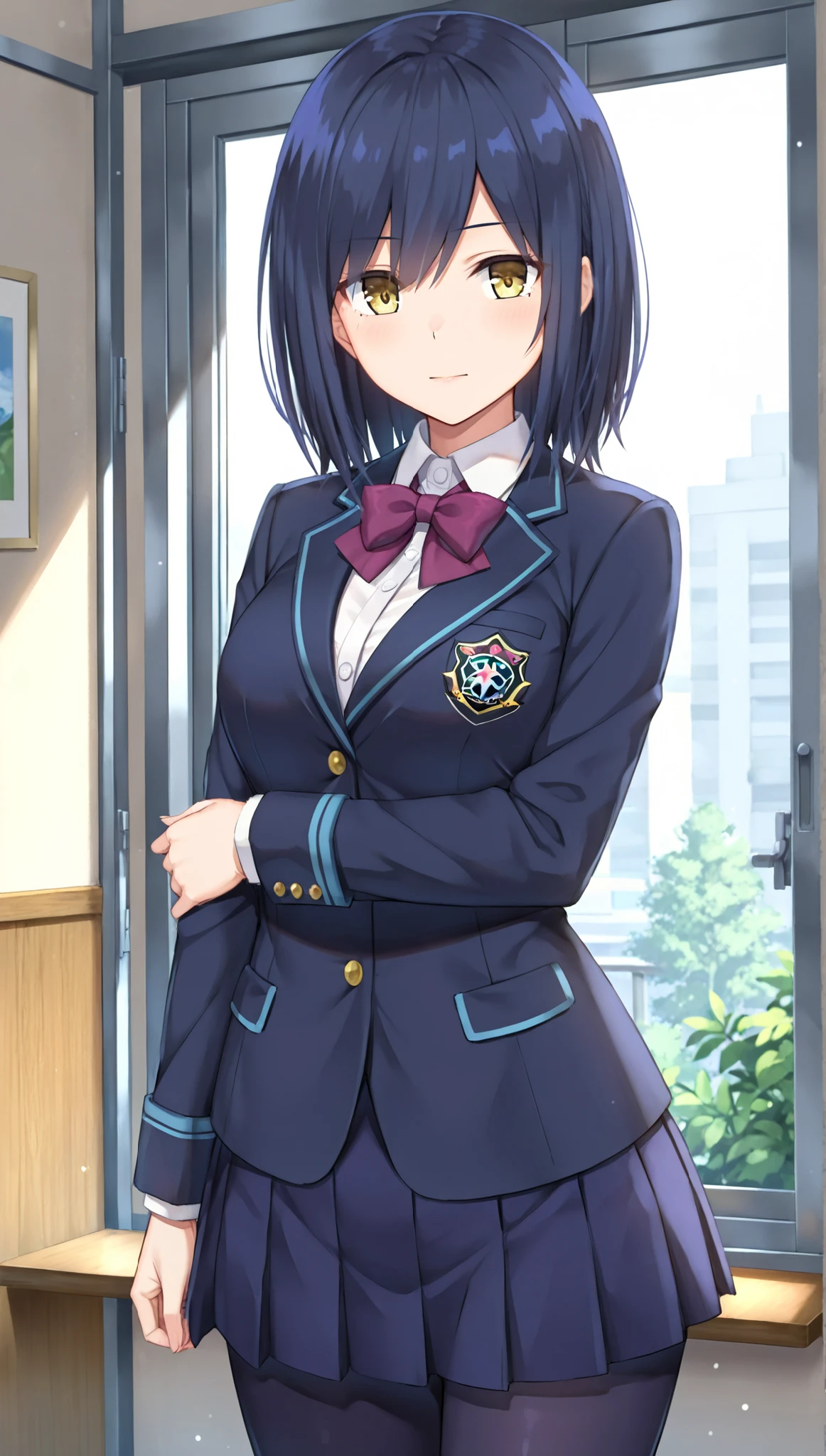 solo,masterpiece,best quality, amazing quality, highres, absurdres, very aesthetic, high resolution, ultra detailed, perfect details,nijirin,medium breasts,yellow eyes,blue hair,black hair,moles,medium hair,nijirincos,white shirt,collared shirt,purple bowtie,blazer jacket,blue jacket,cblue skirt,miniskirt,pleated skirt,dark blue pantyhose,(masterpiece, detailed:1.2)、look at viewer,mature female