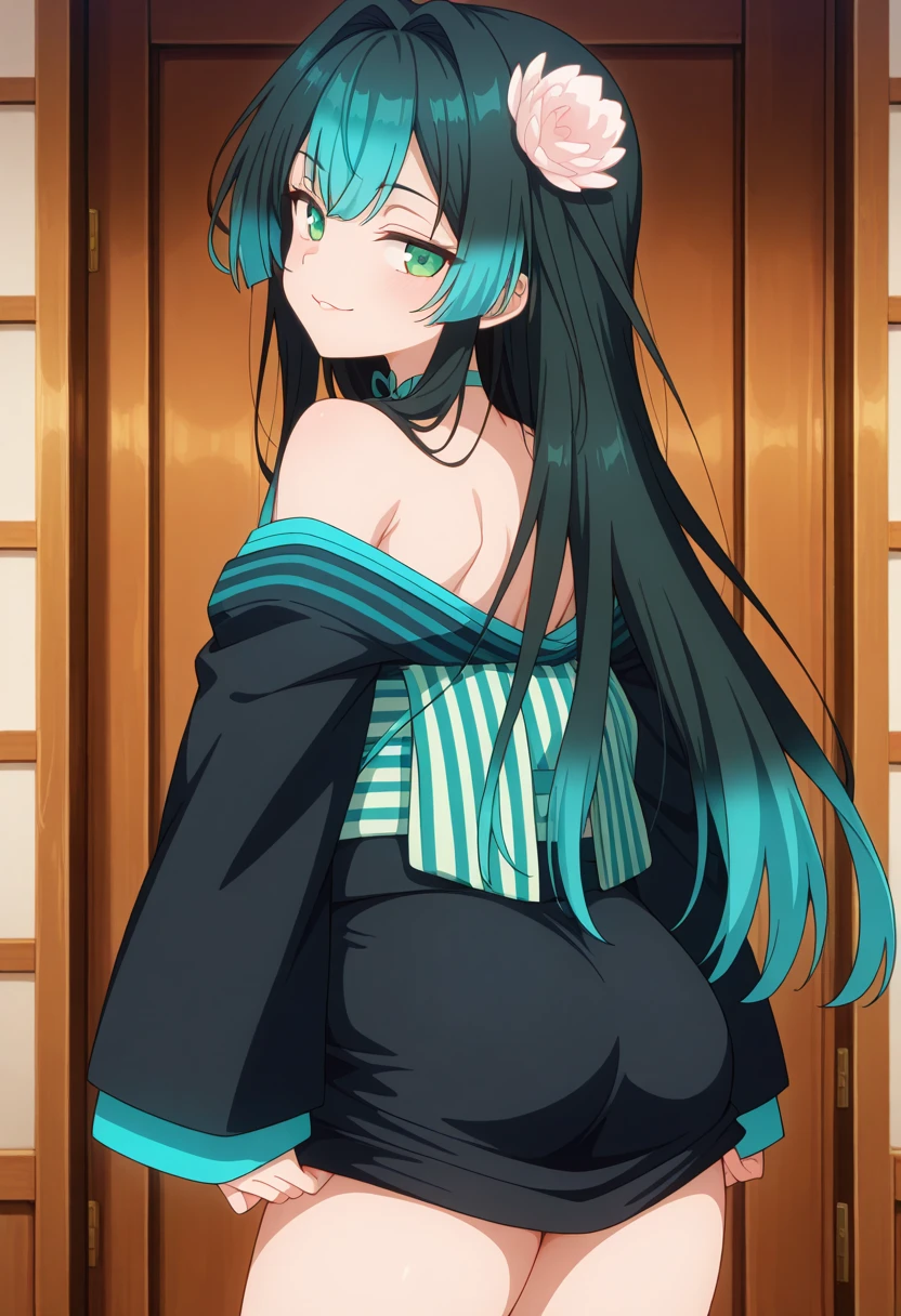 Militar costume aqua eyes aqua hair ass bare shoulders blush butt crack cameltoe dress embarrassed female from behind hairclip headdress huge ass long hair looking at viewer looking back panties skirt solo thick thighs thighhighs twintails very long hair holding a m16, Militar suit, militar hat