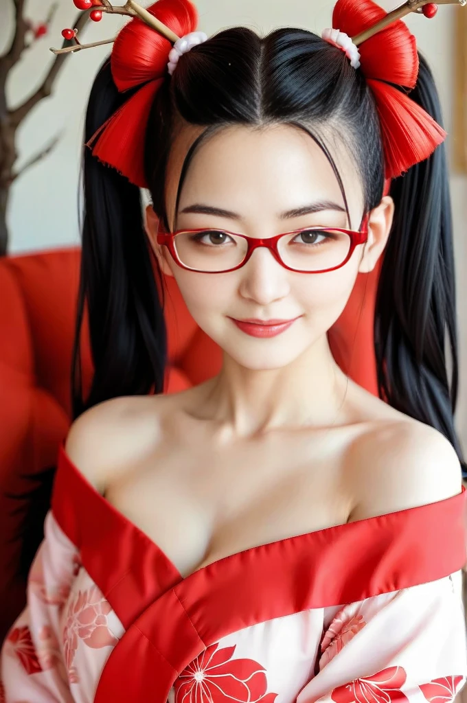 a close up of a woman in a red and black dress, Yoshitomo Nara, japanese goddess, cosplay, Belle Delphine, sakimichan, anime girl cosplay, with glasses, Trending on cgstation, shikamimi, Kanriu 666, cleavage, anime cosplay, chinese girl, rin tohsaka