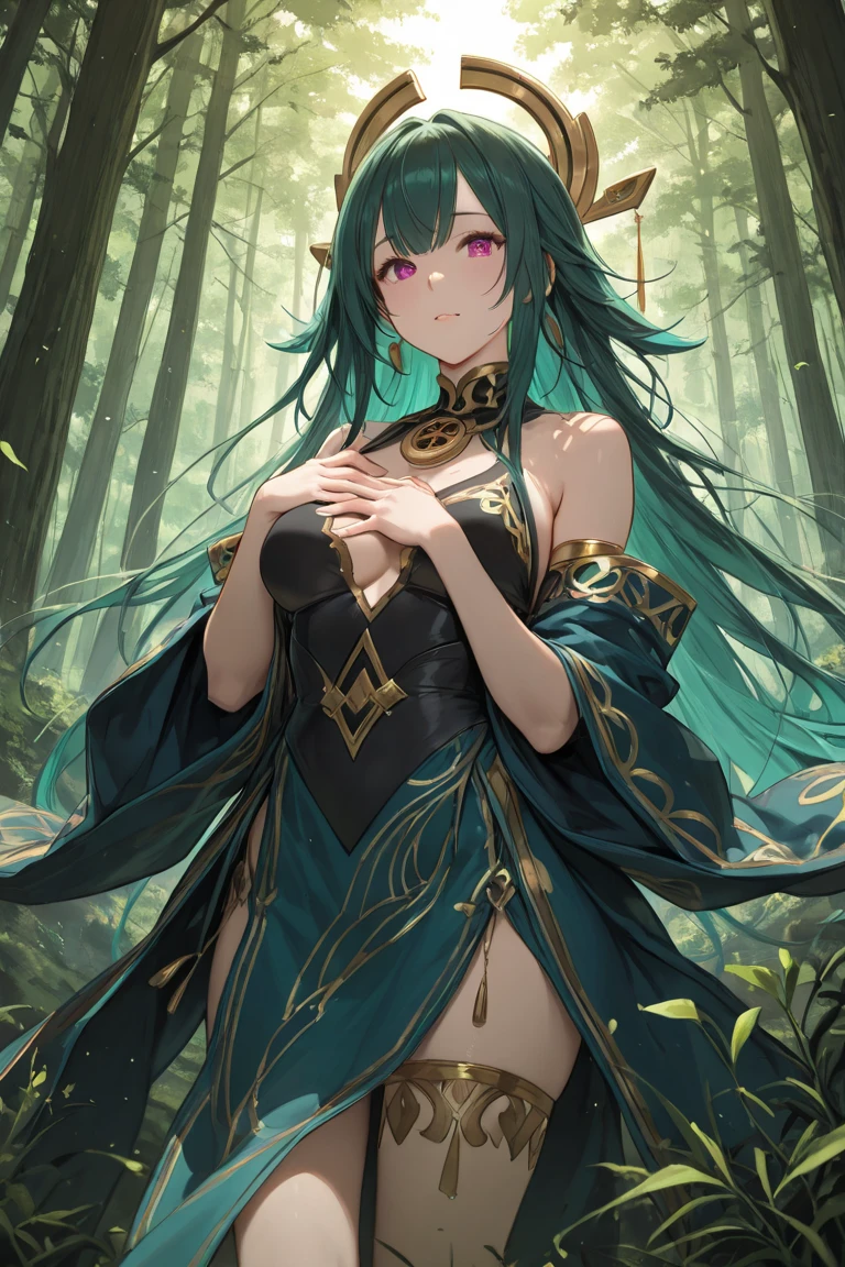 ファンタジー, 1forest_elemental_girl, 格闘, (using_leaves_clothes, green_leaves_covered_breasts, leaves_covered_pussy)+++,big_tits,dynamic_pose_standing, light_smile, 眠い, medium_hair, へそ,(dark_skin)+, オイル, (winding_vine_around_torso)++, (ふっくらと)+,森, trees_background, leaves_headgear, green_leaves_cape, hold_large_long_staff, 太もも,