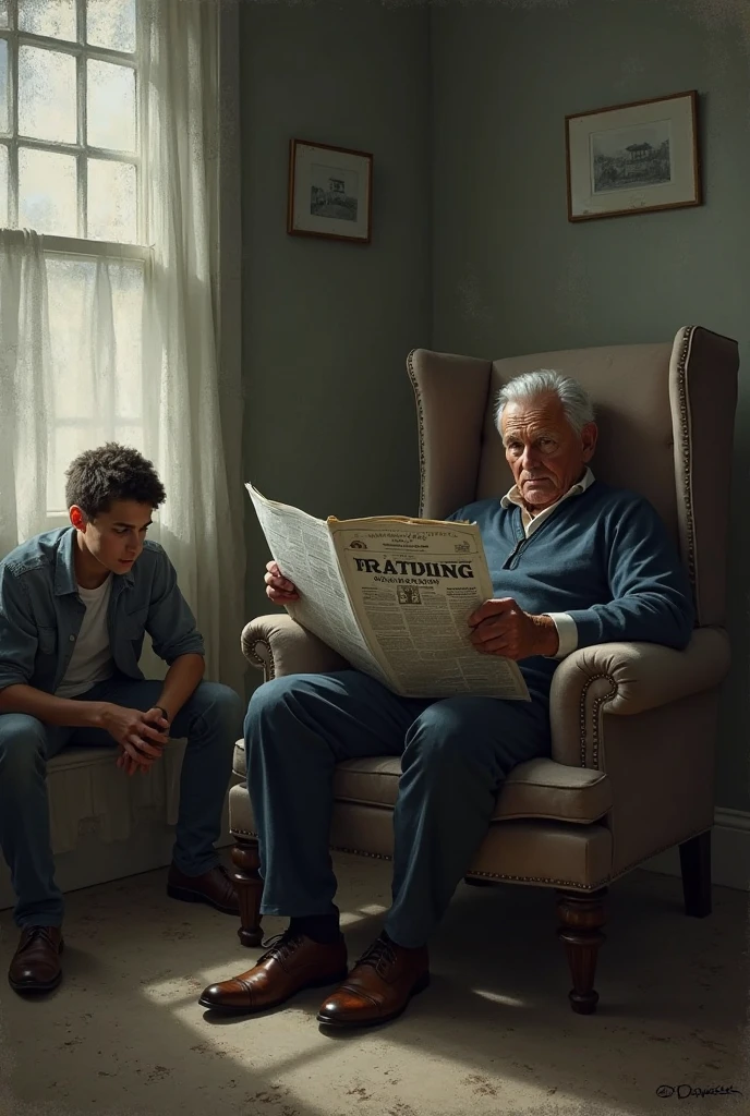 (best quality), father and son talking, in a big room, White people, boy, the two people sitting in an armchair --auto --s2