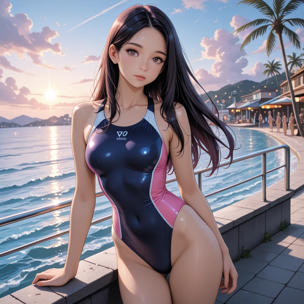 Girl in competitive swimsuit、whole body、Bedroom、Black Hair、Shortcuts、Lie down and seduce me, thighs