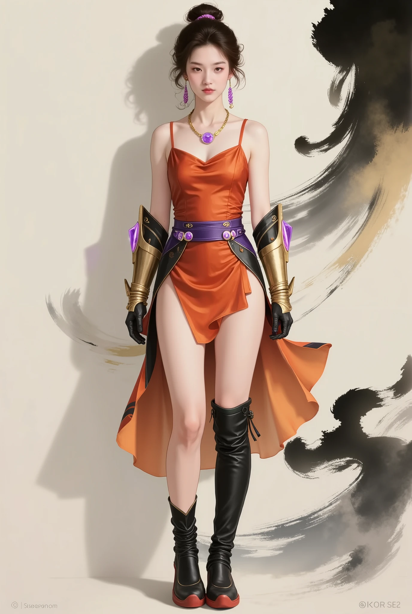「flame driver」,particle system to generate 500 sand particles per second。to use the Kalman filter,burnt tips,snake body with gold gears and energy crystals,edge with golden streaming light { x} dynamic blur speed 10m(uses UV mapping maps/s)。exquisite face,The character has orange-red wavy curls(neckline cuffs with purple glowing crystals),using transparent material refraction(embossing height 0.3mm,mounted on the surface of the golden missile launch module.8),lip color orange red(sub-surface scattering value 0.15)。
black leg boots with metallic orange armor,using vertex animation technology(normal mapping accuracy 4K),embellished with purple crystals, desert flower hair accessories(self-intensity 80cd/m² ),with wide purple belt,orange red leather irregular zigzag skirt on the bottom(particle system uses)。Gold Waist Package Ornament Purple Gemstones and silver rivets,with internal energy core and water(使用fluid simulation呈现飘动轨迹),gold gemstone with dynamic gravel effect,to interact with the sand boat's energy link(spray light purple flame,has energy beam tracking function)。
The eagle beak is composed of purple crystals and gold metal(snake head purple crystals,transparent cockpit with holographic control panel,energy effects and dynamic lighting effects),surround the cabin with a golden desert pattern(uses fluid simulation to show fluttering trajectories,PBR material metal gloss 0),Desert Civilization Fusion Style(purple gemstone gold chain necklace,using circuit schematic texture mapping),orange flame earrings(surface reflectivity 0.7)。
purple energy light with streamers on both sides,wide wings covered with golden energy lines and purple nodes {x} high-strength alloy body covered with orange red metallic luster energy shield coating(Roughness 0.2,Metallicity 0.9),particle system generates 500 sand particles per second(emits a low frequency when starting Roar,central sandware metal card Gravel flow effect),upper body sleeveless orange-red nano energy shield cortical top(with golden flake texture on the surface,purple eyes with golden star light spots),flame temperature simulation value 1200K(sand boat shaped as a mechanical flying eagle,rune depth 0.5mm),accessories include a golden desert viper bracelet(paint golden desert runes on the cheeks,frequency 60Hz),HUD interface uses holographic projection technology to present(suspended engine with purple energy light at the bottom),the heel is shaped like an energy propeller(to form complex energy circuits)。
missile surface engraved with desert runes,PBR material rendering,combined with volumetric fog、fluid simulation、particle systems and other technologies,highlight metallic luster、, and the tracking algorithm uses Kalman filter,Best Picture Quality,Masterpiece quality。