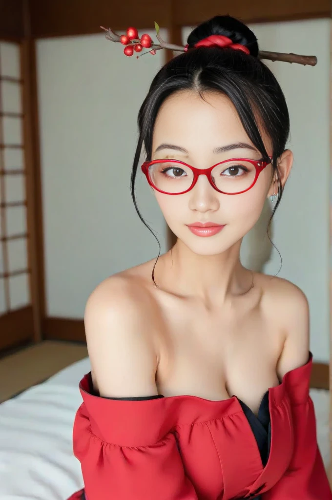 Japanese , 15year old, face perfect, very beautiful face, glasses, beautiful smile, sesual, with red background