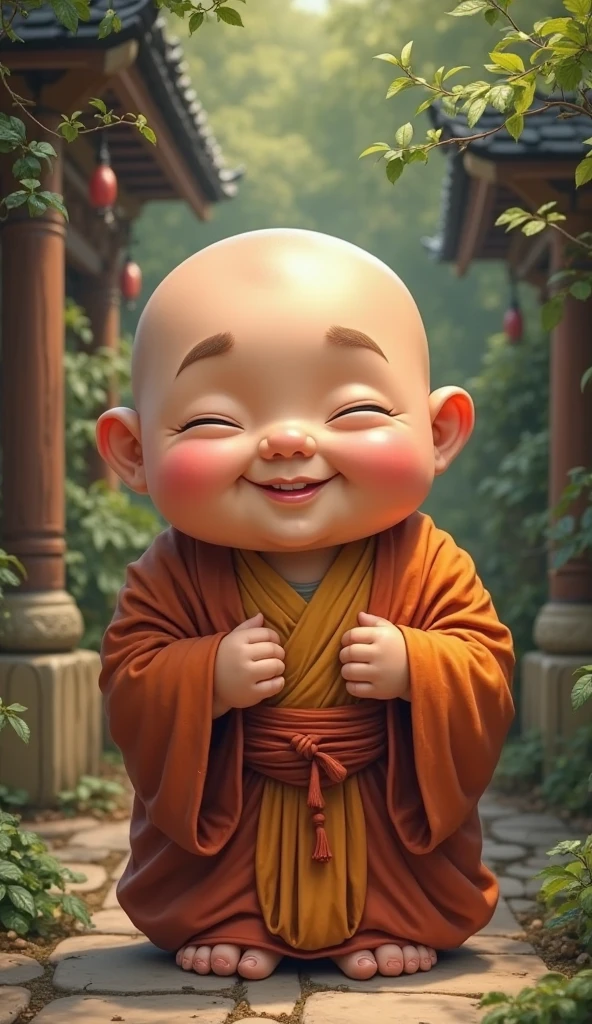 a cute chubby young baby buddhist monk, smiling sweetly like a baby pig, detailed face and expression, adorable, photorealistic, high definition, 8k, intricate details, soft lighting, warm colors, serene atmosphere