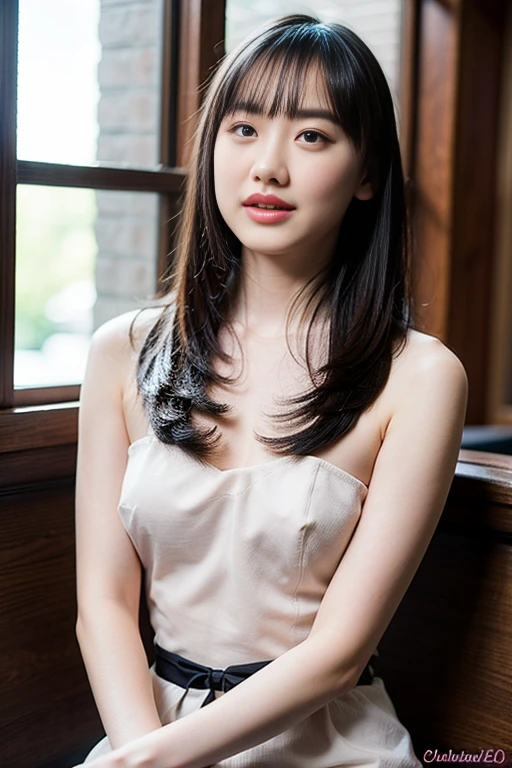 Close up,1 girl, big breasts, wearing a cream-colored strapless dress, posing sexy against a wall, standing in an alley next to a building, at night, the background has multi-colored lights as bokeh.