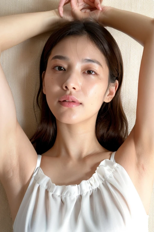 (Realistic:1.3、Ultra HD、Ultra-high resolution、8k、Japanese Housewife、At work、White collared shirt、Sleep on your back)、((Looking into the camera:1.8))、(Extremely realistic skin texture:1.4)、(Realistic:1.3)、short hair、(Embarrassed look:1.5)、(blonde:1.1)、(40-year-old woman、Mature Woman)、Ponytail hairstyle、(Lift your left arm and show your armpit:1.3)、(Armpit close-up:1.4)、(Shooting from the side:1.2)、necklace、Earrings