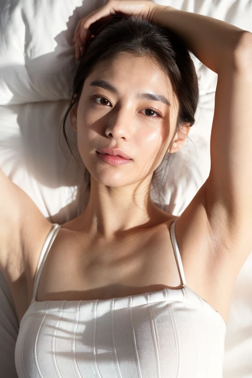 Best Quality, Ultra High Definition, (Photorealistic: 1.4), 8K Resolution, Girl, (Brown Random Hair: 1.3), (Realistic Hair: 1.2), (Japan Girl: 1.2), (Realistic Eyes: 1.2), (Beautiful Face: 1.3), Plus Size Model, White Skin, Big Breasts, Cleavage, (Tongue Out: 1.2), (Eyes Up: 1.3), ( T-back with wet body: 1.2), hotel, lying on your back in bed, (sweaty, sweaty clothes: 1.4), arms up behind head, armpits, stomach raised, wrinkles between the eyebrows, ((full body shot)), thighs, hips floating