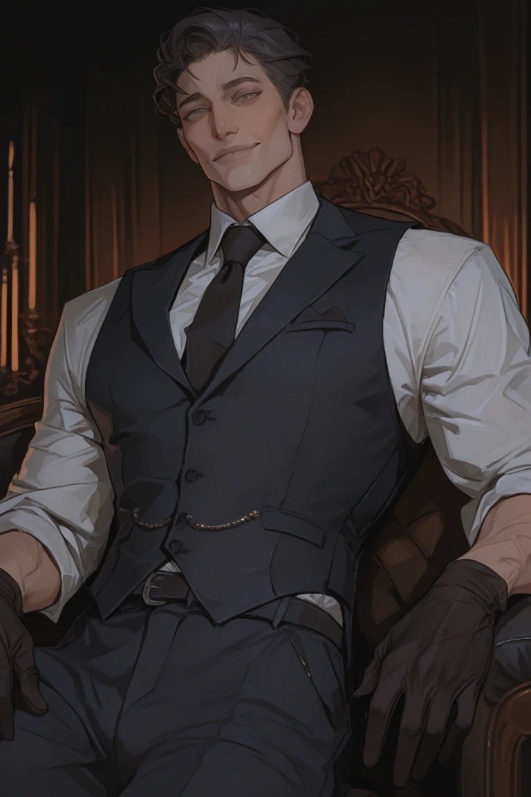 masterpiece, high quality, absurd res, digital painting \(artwork\), volumetric lighting, male, adult, ((solo)), elias_(changed), (dynamic posture: 1.3), (high saturation) (EliasAinsworth, vest, dress shirt, veil, gloves, shoes, broad shoulders, bare shoulders, open legs, large_body, tail, very long legs, long arms, very tall, black_musculine_body, EliasAinsworth) (sitting pose, on chair) (wallpaper, 4k), close_up_shot, half body shot, detailed background, outside, day, forest, mountain, mountains in the distance, by (by Pino Daeni, (by ruaidri), yupa, kiyosan), detailed background, anime, (dark shadows, wide dynamic range, hdr, low light:1.2), BadDream,fcNeg,by littleblackalas