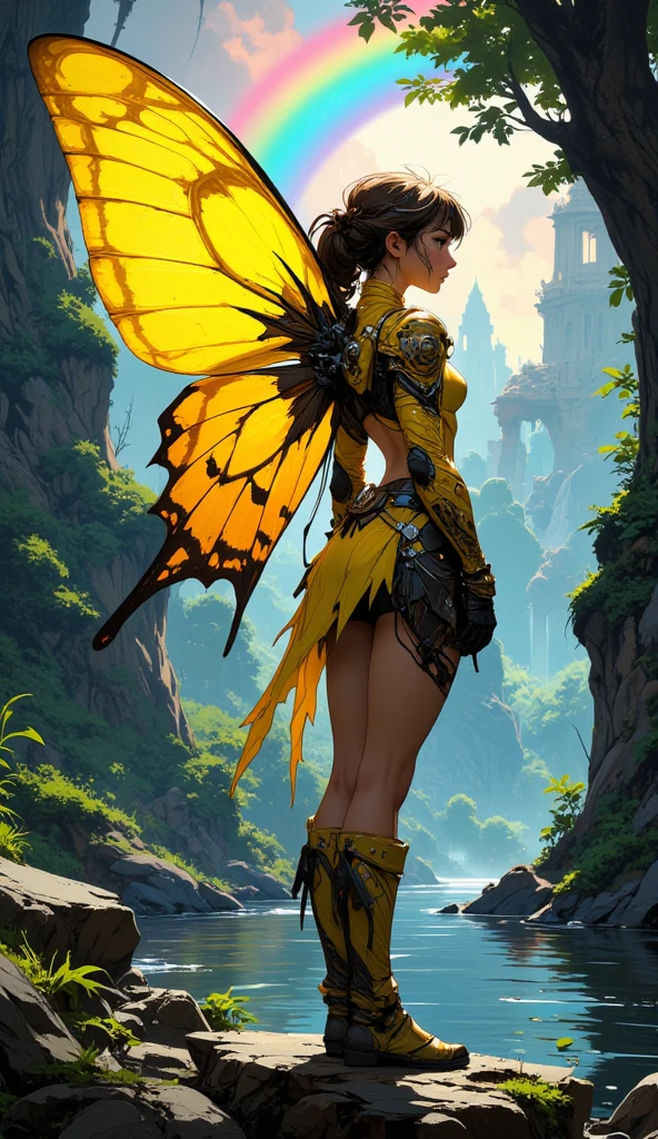 beautiful assasin girl, holding katar, using mecha suit, sitting in the sky, have 4 mecha butterfly wings, smile, background ancient monument 