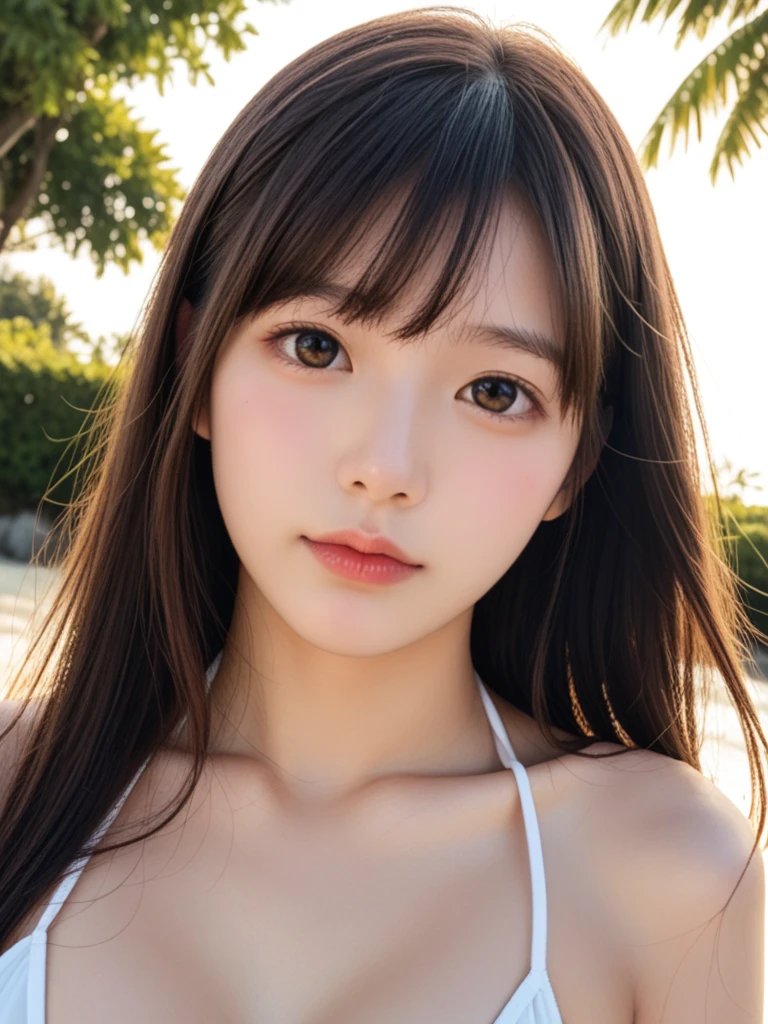 Asian, beautiful, thin, cute, 23 years old, beautiful顔,ふわりとしたセクシーな唇 beautiful肌,White soft skin texture, actress, mature, Upper Body, Light brown hair, thin髪,Silky Hair, Live Action, Tabletop, Highest quality, Ultra high definition, Exquisite 8K raw photo: 1.5, Ultra-high resolution, Casual Fashion, Lighting, Summer Fashion, (Natural brown hair: 0.8), (Puffy eyes), Looking at the audience, turn around, Bleached Hair, Model pose, beach resort background, Delicate skin types, thin巻き毛, Put your hands around your mouth, White T-shirt, Hair model photoshoot