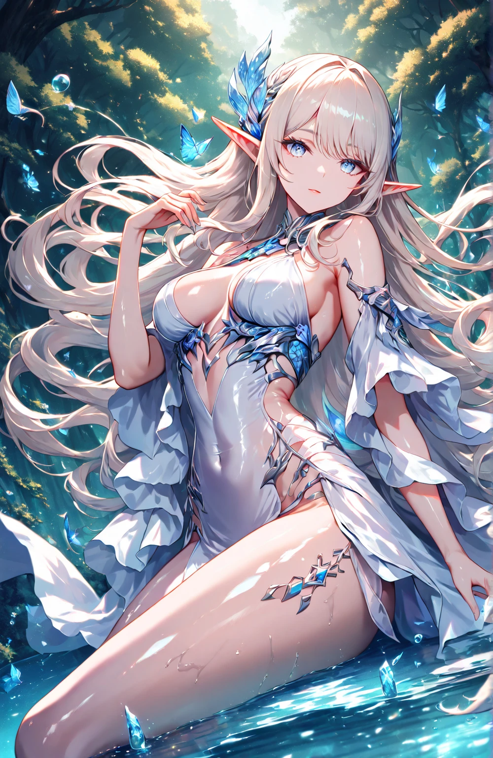 conceptual installation art, (ultra detailed, absolutely resolution, best quality:1.3), 2.5D, fantasy world that combines flower-punk and gem-punk, beauty elf, blonde silky straight hair with blunt bang, (attractive and seductive) and (amorous and lewd) expression, blue big eyes, glamorous proportions, wearing white knight commander costume with a large opening at the chest, background iridescent Tiffany Blue, distorted space from another dimension, delicate and dynamic effects, foggy filter effects, iridescent glitter effects, artistic, hyper, graphic CG digital fantasy art, portrait