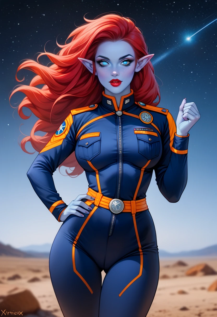 Buzz Lightyear,((masterpiece,best quality)), absurdres, cinematic composition,mira_nova, orange hair, blue skin, looking at viewer, upper body, waving, curvy, pointy ears, space suit,Space, stars, planets,