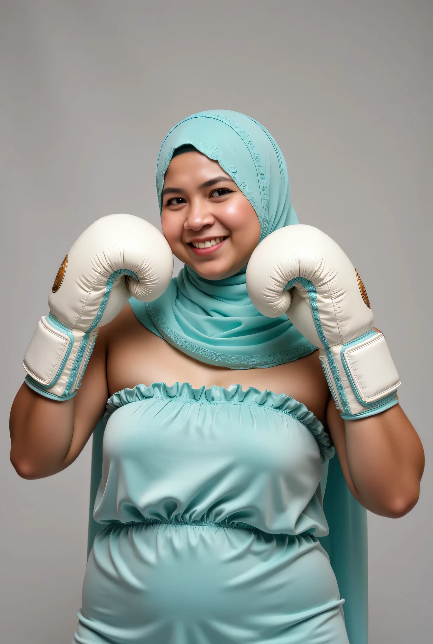 front view, Malaysian hijab, (Wearings ruffle top strapless ). BOTH SIDES HANDS IN STRAIGHT UP LIFT WEARING BOXING GLOVE , hair Arm pit, SSBBW, KUALITI PHOTO YANG DIHASILKAN SANGAT TERPERINCI