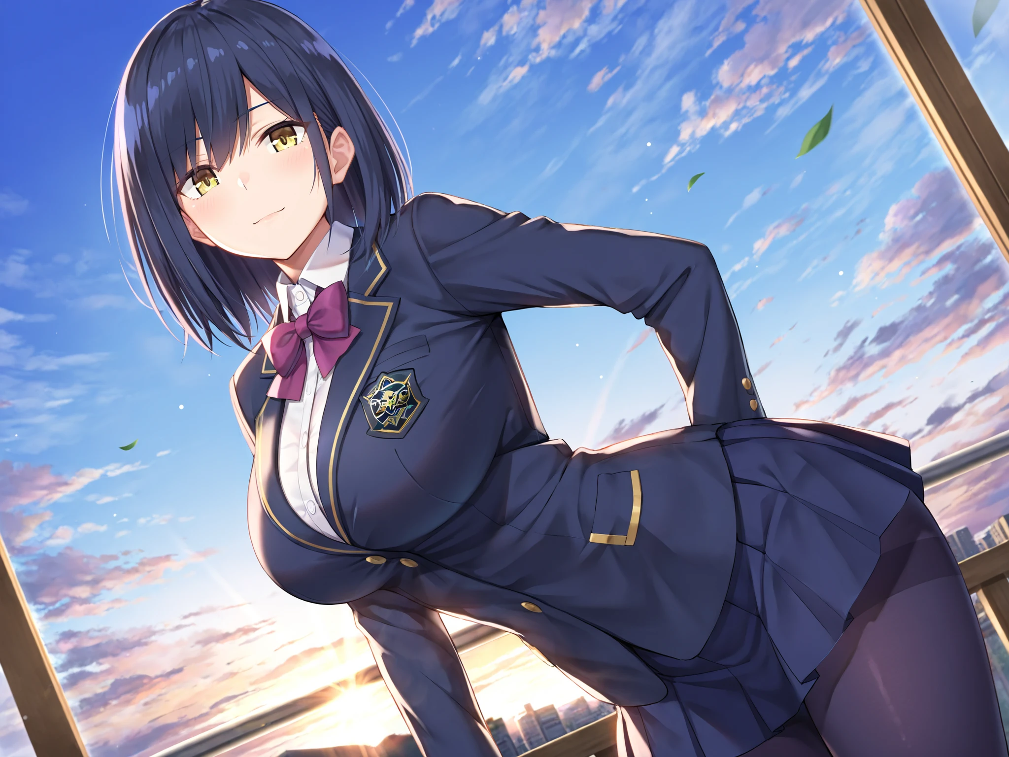 solo,masterpiece,best quality, amazing quality, highres, absurdres, very aesthetic, high resolution, ultra detailed, perfect details,nijirin,large breasts,yellow eyes,blue hair,black hair,moles,medium hair,nijirincos,white shirt,collared shirt,purple bowtie,blazer jacket,blue jacket,cblue skirt,miniskirt,pleated skirt,dark blue pantyhose,(masterpiece, detailed:1.2)、look at viewer,mature female