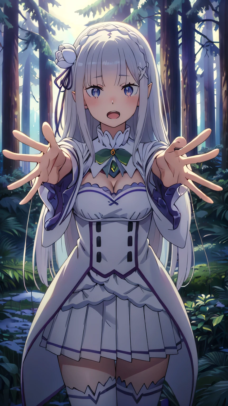 {{{masterpiece}}}, (best quality:1.5), (ultra-detailed:1.5), {illustration}, {{an extremely delicate and beautiful}}, (beautiful detailed eyes:1.6), absurdres, highres, extremely detailed face, 16k, hd, visual anime de uma jovem mulher, extremamente bonito rosto de anime, anime melhor garota, (perfect hands, perfect anatomy), (five fingers:1.5) anime face, Emilia(Re:Zero), phemilia, 1girl, solo, cute face, long hair, white hair, low-tied long hair, braid, very long hair, x hair ornament, white rose, tiara, flushed cheeks, purple eyes, elf, big breasts, big hips, curvaceous, BREAK, (white dress:1.3), white tailcoat, chest, cleavage, detached sleeves, frills, frilled sleeves, long sleeves, white sleeves, (wide sleeves:1.2), gem, white skirt, pleated skirt, (miniskirt:1.3), white apron, white thighhighs, thigh boots, thighs, zettai ryouiki, BREAK, cast a spell, DonMSn0wM4g1c, Magic Garden, cute face, beautiful face, open mouth, smiling, looking at viewer, fluttering skirt, floating clothes, open hand, beckoning, palm, outdoor, (forest:1.5), sky, night, snow field, field, snow, ice crystals, night sky, moonlight