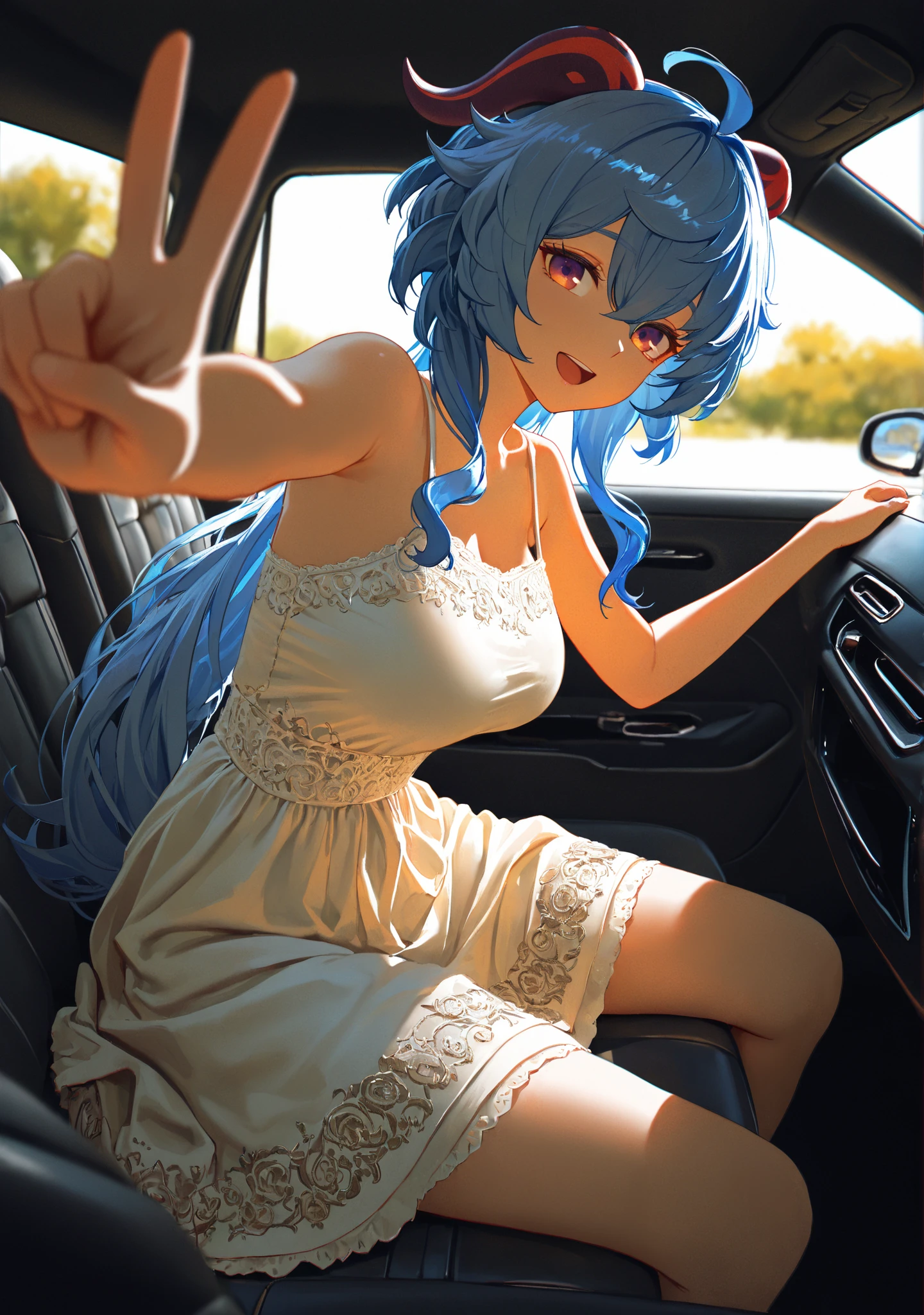 ((Best Quality)), ((masterpiece)), (detailed), 1 girl, lying on the canvas of a classic car wearing a blue and green swimsuit, wavy fur, by rubio, blue eyes, black heels, big breasts, neckline,((Whole body)), view from above,((profile view))
