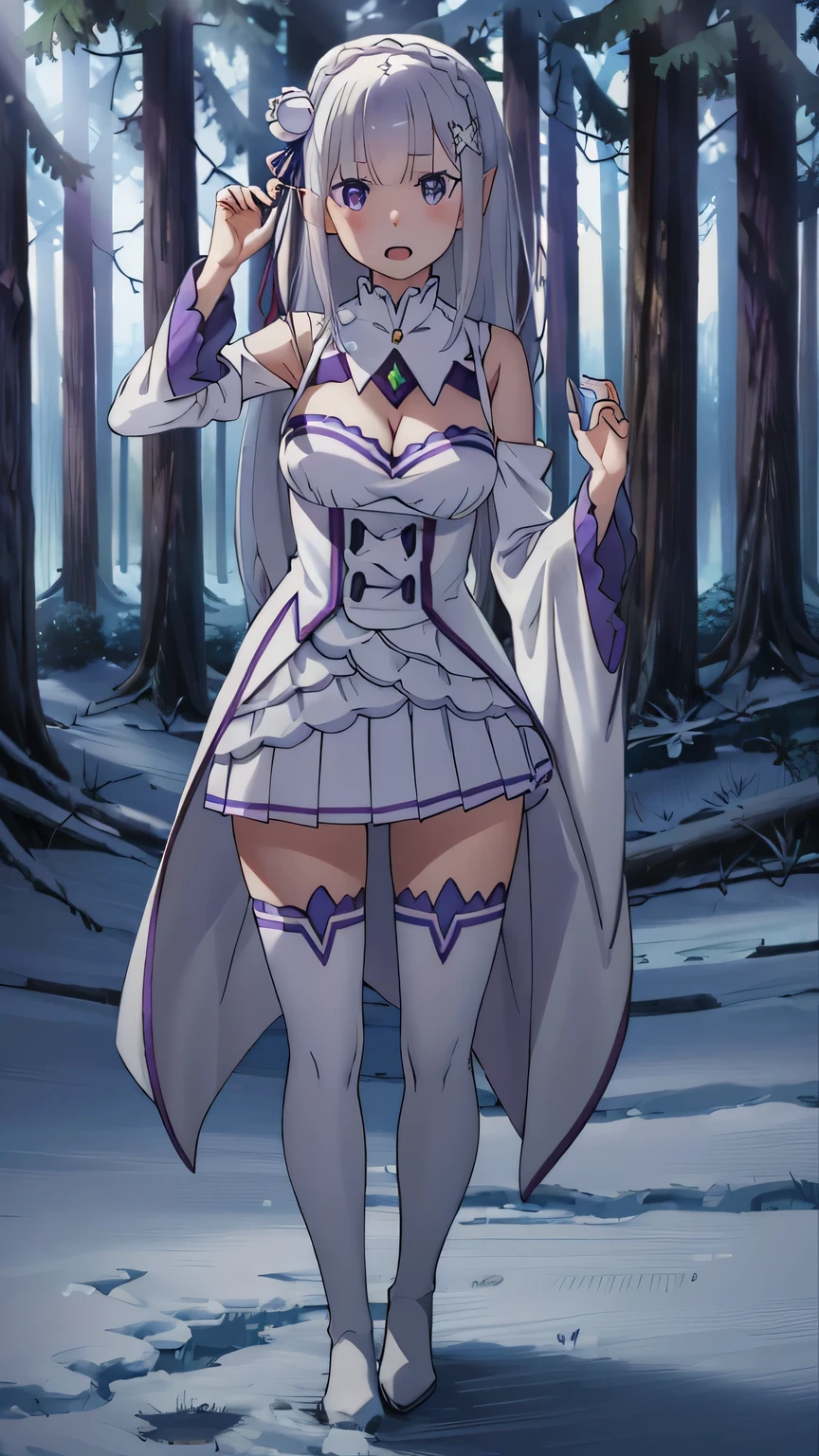 {{{masterpiece}}}, (best quality:1.5), (ultra-detailed:1.5), {illustration}, {{an extremely delicate and beautiful}}, (beautiful detailed eyes:1.6), absurdres, highres, extremely detailed face, 16k, hd, visual anime de uma jovem mulher, extremamente bonito rosto de anime, anime melhor garota, (perfect hands, perfect anatomy), (five fingers:1.5) anime face, Emilia(Re:Zero), phemilia, 1girl, solo, cute face, long hair, white hair, low-tied long hair, braid, very long hair, x hair ornament, white rose, tiara, flushed cheeks, purple eyes, elf, big breasts, big hips, curvaceous, BREAK, (white dress:1.3), white tailcoat, chest, cleavage, detached sleeves, frills, frilled sleeves, long sleeves, white sleeves, (wide sleeves:1.2), gem, white skirt, pleated skirt, (miniskirt:1.3), white apron, white thighhighs, thigh boots, thighs, zettai ryouiki, BREAK, cast a spell, Magic Garden, cute face, beautiful face, open mouth, smiling, looking at viewer, fluttering skirt, floating clothes, (pose:1.5), outdoor, (forest:1.5), sky, night, snow field, field, snow, ice crystals, night sky, moonlight, medium close-up shot