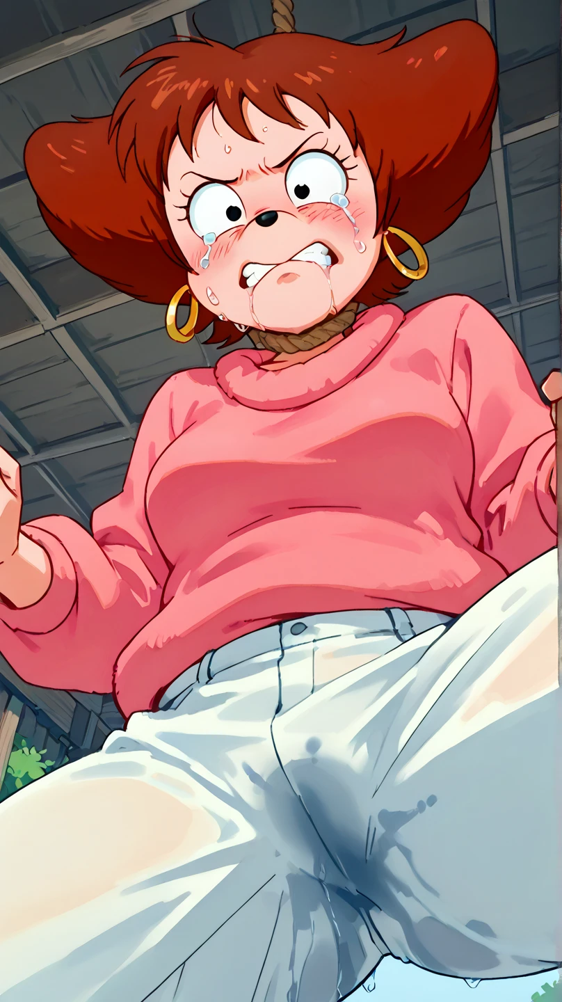 Peg Pete from the series "Goof Troop", Brown hair, Pink sweater, neckline, white pants, neckline, big breasts, sexy black bra, exposed vagina, annoyed, POV incada in front of me, pov she gives me a russian to my penis, POV my penis between her breasts, POV she grabs her breasts, pov cum splashed on her face.