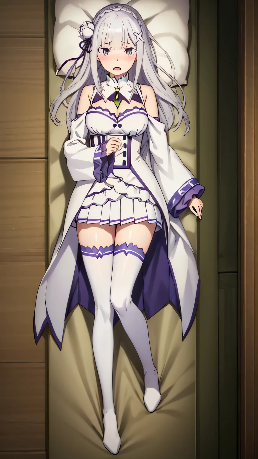 {{{masterpiece}}}, (best quality:1.5), (ultra-detailed:1.5), {illustration}, {{an extremely delicate and beautiful}}, (beautiful detailed eyes:1.6), absurdres, highres, extremely detailed face, 16k, hd, visual anime de uma jovem mulher, extremamente bonito rosto de anime, anime melhor garota, (perfect hands, perfect anatomy), (five fingers:1.5) anime face, Emilia(Re:Zero), phemilia, 1girl, solo, cute face, long hair, white hair, low-tied long hair, braid, very long hair, x hair ornament, white rose, tiara, flushed cheeks, purple eyes, elf, big breasts, big hips, curvaceous, BREAK, (white dress:1.3), white tailcoat, chest, cleavage, detached sleeves, frills, frilled sleeves, long sleeves, white sleeves, (wide sleeves:1.2), gem, white skirt, pleated skirt, (miniskirt:1.3), white apron, white thighhighs, thigh boots, thighs, zettai ryouiki, BREAK, lying, on back, open mouth, embarrassed, naughty expression, embarrassed, flushed cheeks, looking at viewer, on the bed, Dakimakura, (Full Body:1.5), MFBP1